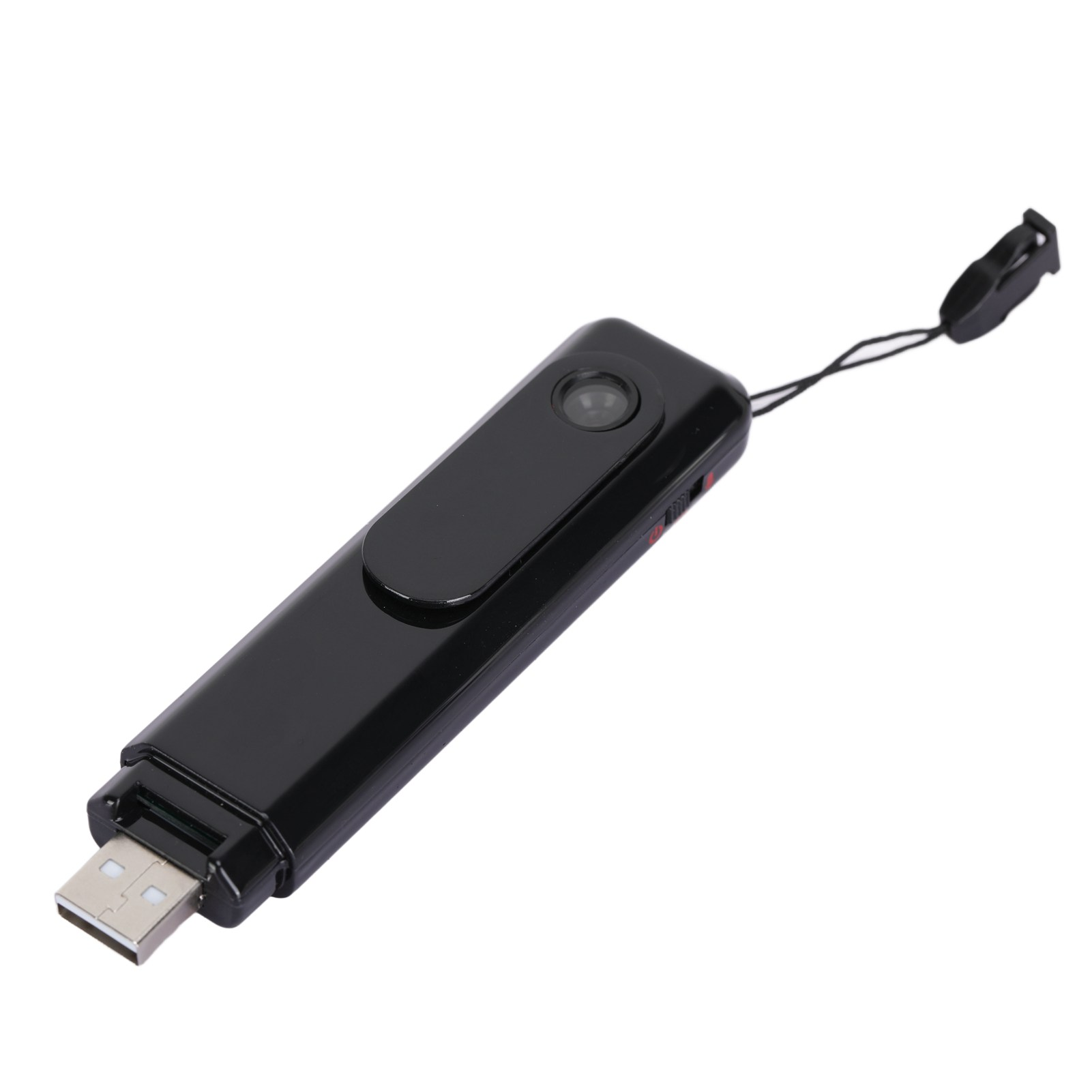 Schwarze USB-Kamera mit Objektiv, Lanyard und USB-Anschluss auf weißem Hintergrund.
