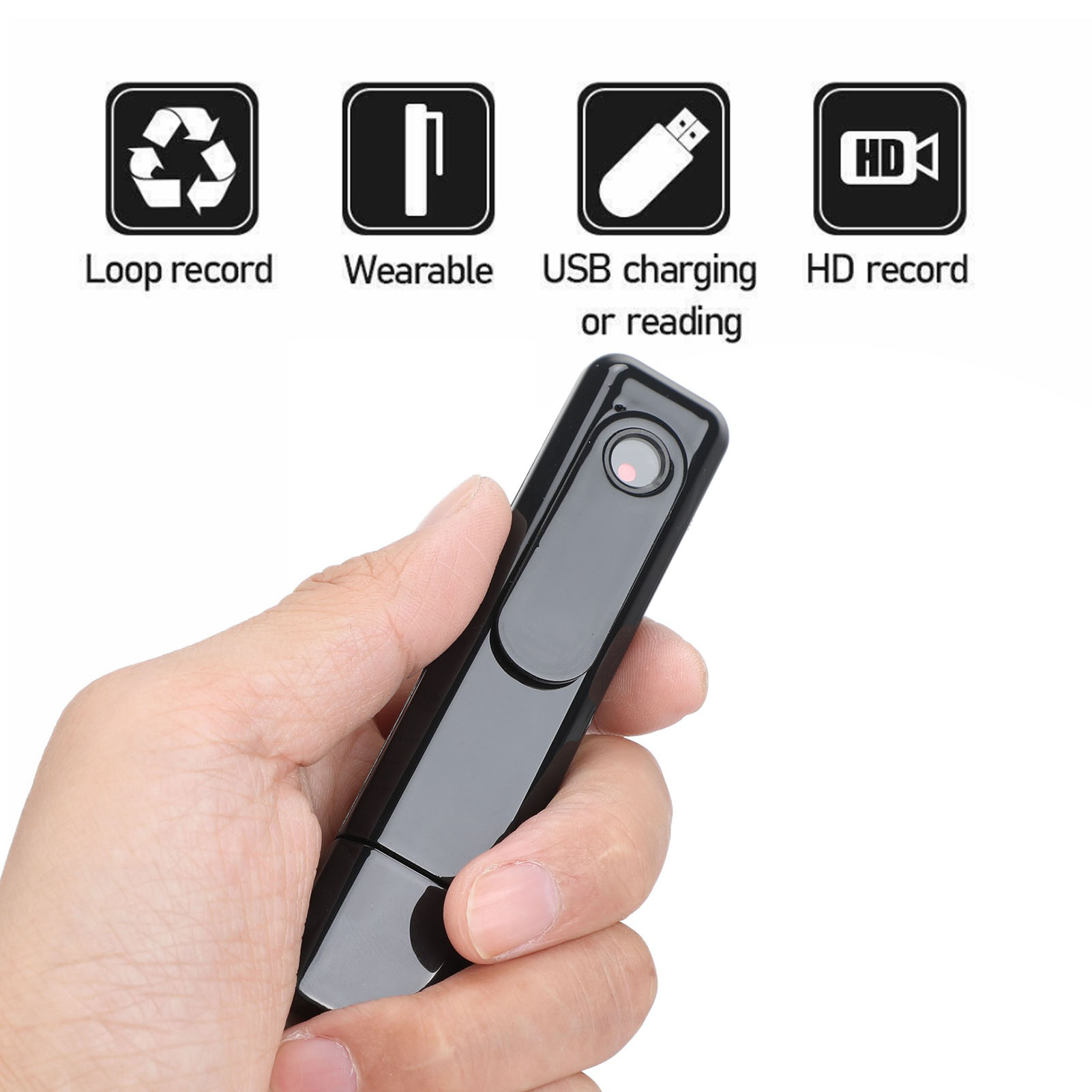 Hand hält einen schwarzen Rekorder mit Symbolen für Loop-Aufnahme, tragbar, USB-Laden und HD-Aufnahme.