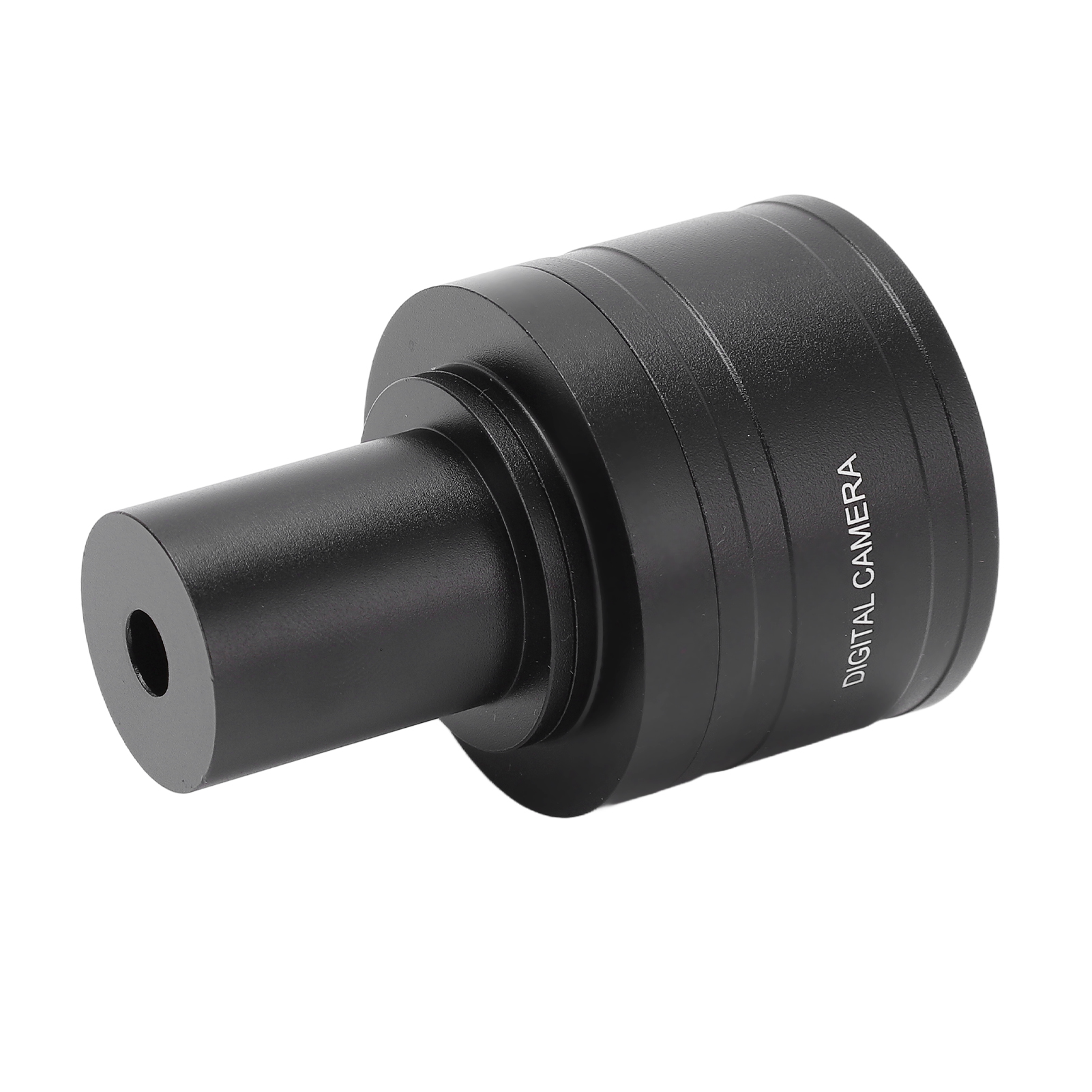 Schwarzes Objektiv für Digitalkamera. Es hat eine zylindrische Form, mit einem Loch an einem Ende und "DIGITAL CAMERA" auf der Seite.