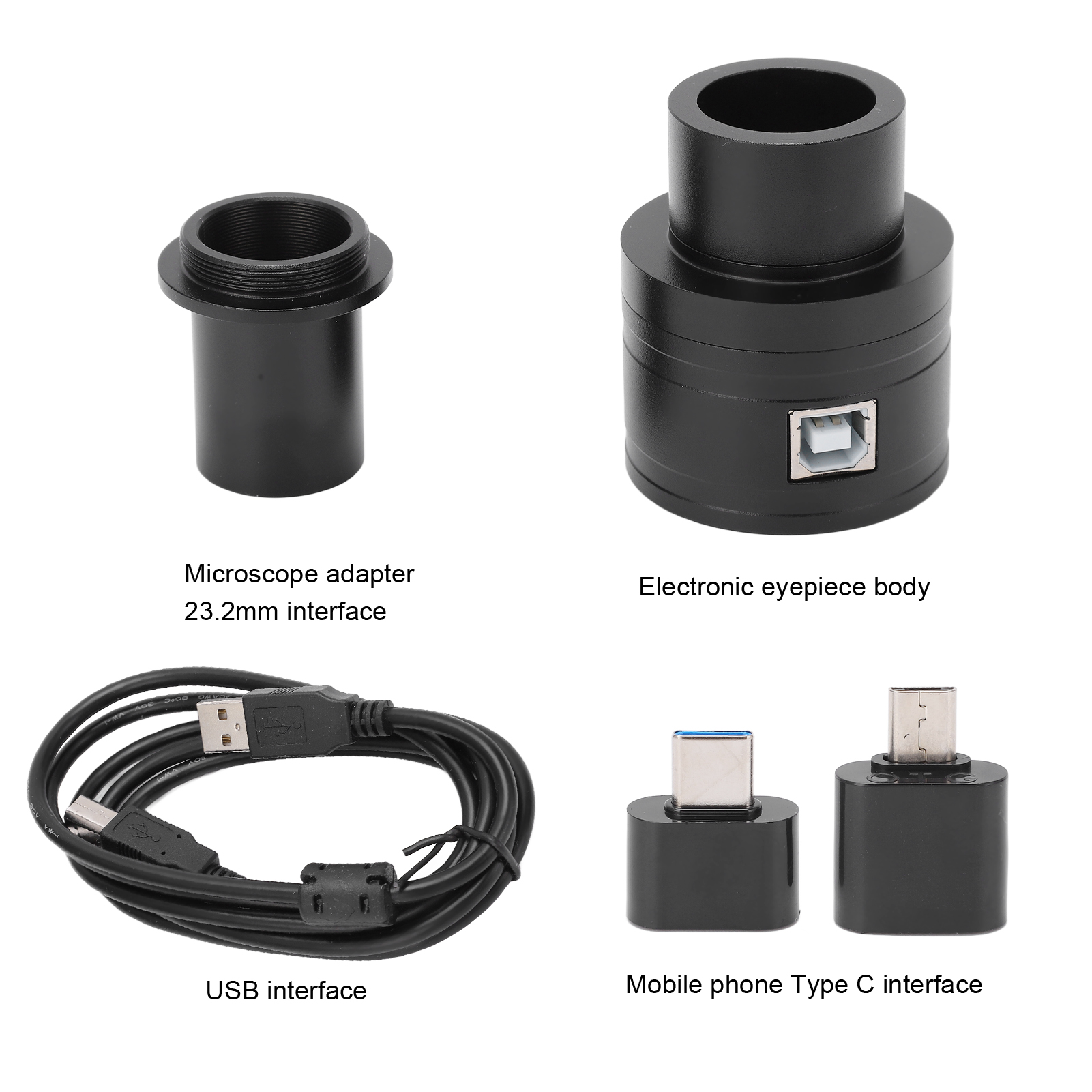 Das Bild zeigt einen Mikroskopadapter, ein elektronisches Okular, ein USB-Kabel und Typ-C-Schnittstellen. Alle Artikel sind schwarz und weiß.
