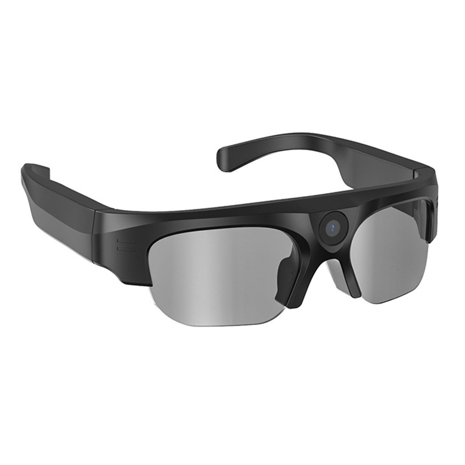 Schwarze Smart-Brille mit silbernen Gläsern, einer kleinen Kamera und einem gebogenen Rahmen auf weißem Hintergrund.