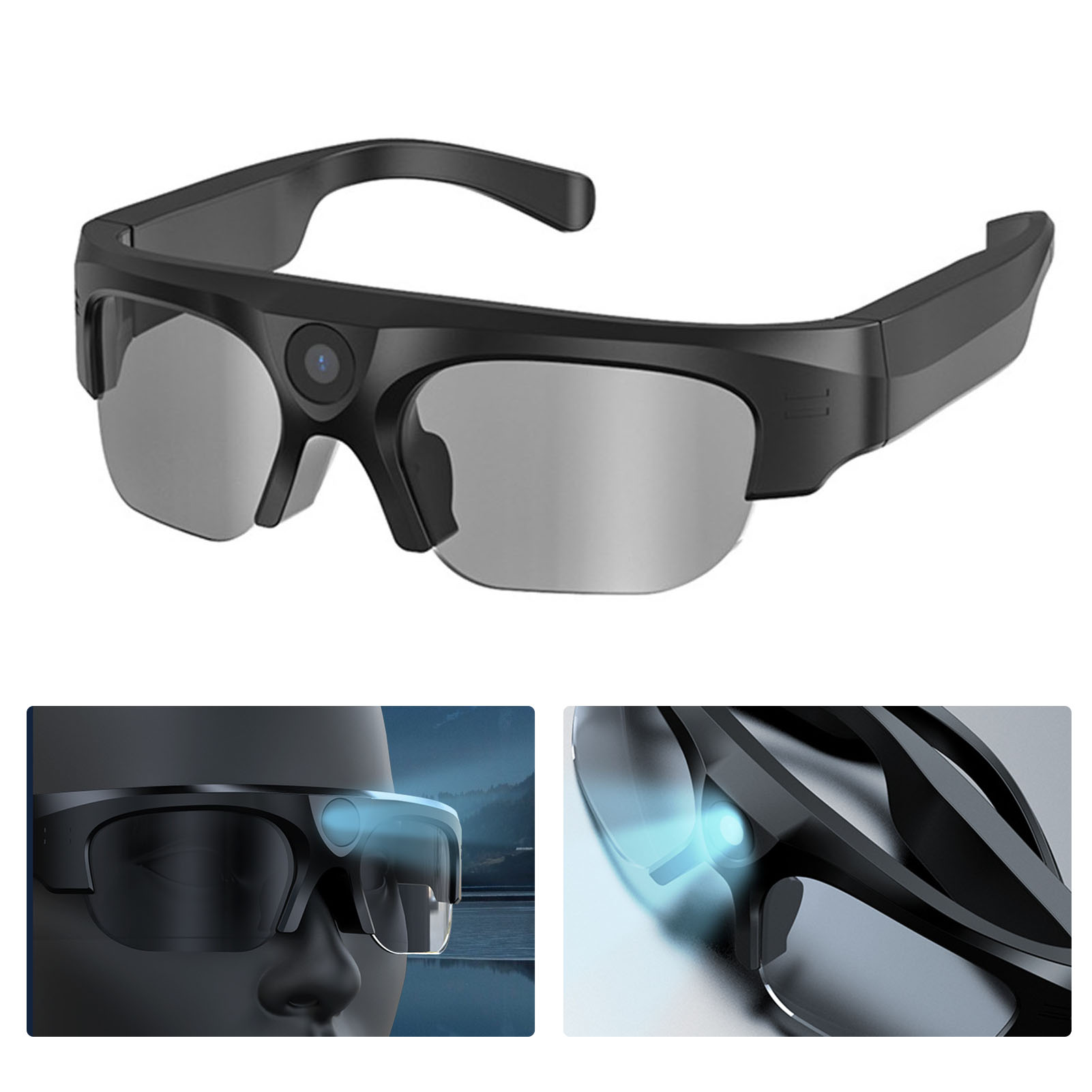 Schwarze Smartglasses mit verspiegelten Gläsern und Kamera. Zusatzbilder zeigen Nahaufnahmen und Nutzung mit Blaulichteffekt.