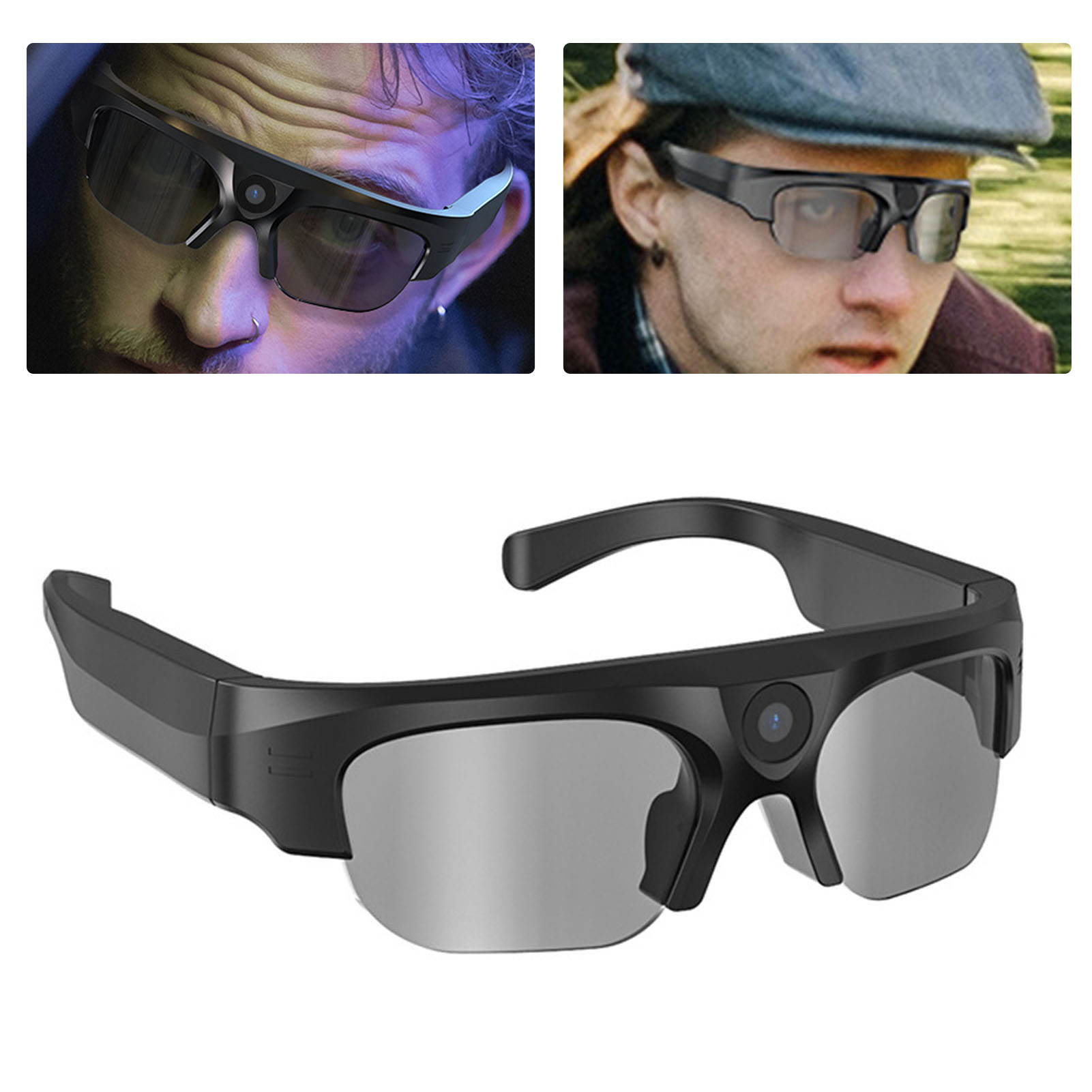 Schwarze Smart-Brille mit Kameras. Zwei Personen tragen im Hintergrund eine Brille. Eine Vollaufnahme der Brille im Vordergrund.