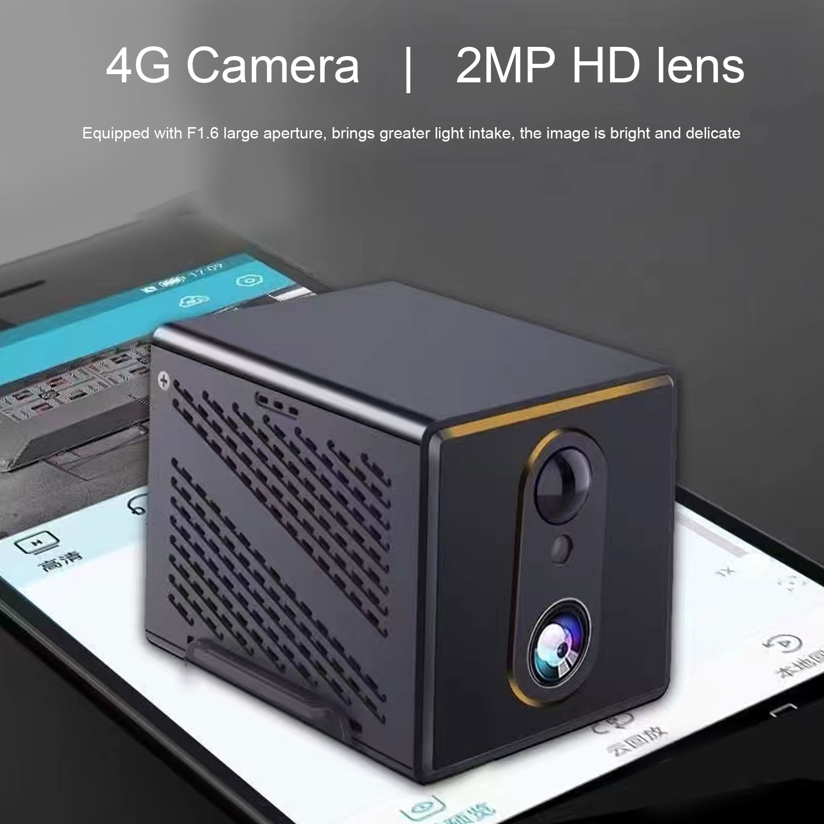 Eine schwarze Kamera mit goldenen Akzenten liegt auf einem Telefon, das eine App anzeigt. Text: 4G Kamera | 2MP HD-Objektiv.