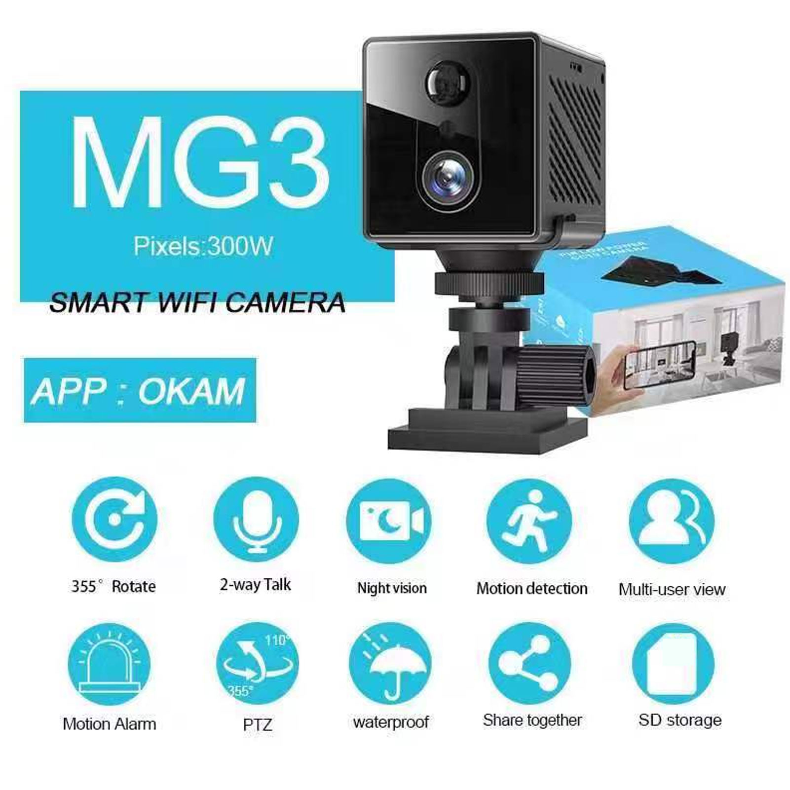Eine schwarze MG3 Smart-WiFi-Kamera mit Funktionssymbolen. Sie zeigt Drehen, Sprechen, Nachtsicht, Bewegungserkennung, Mehrbenutzeransicht, Alarm, PTZ, wasserdicht, teilen und SD-Speicher.