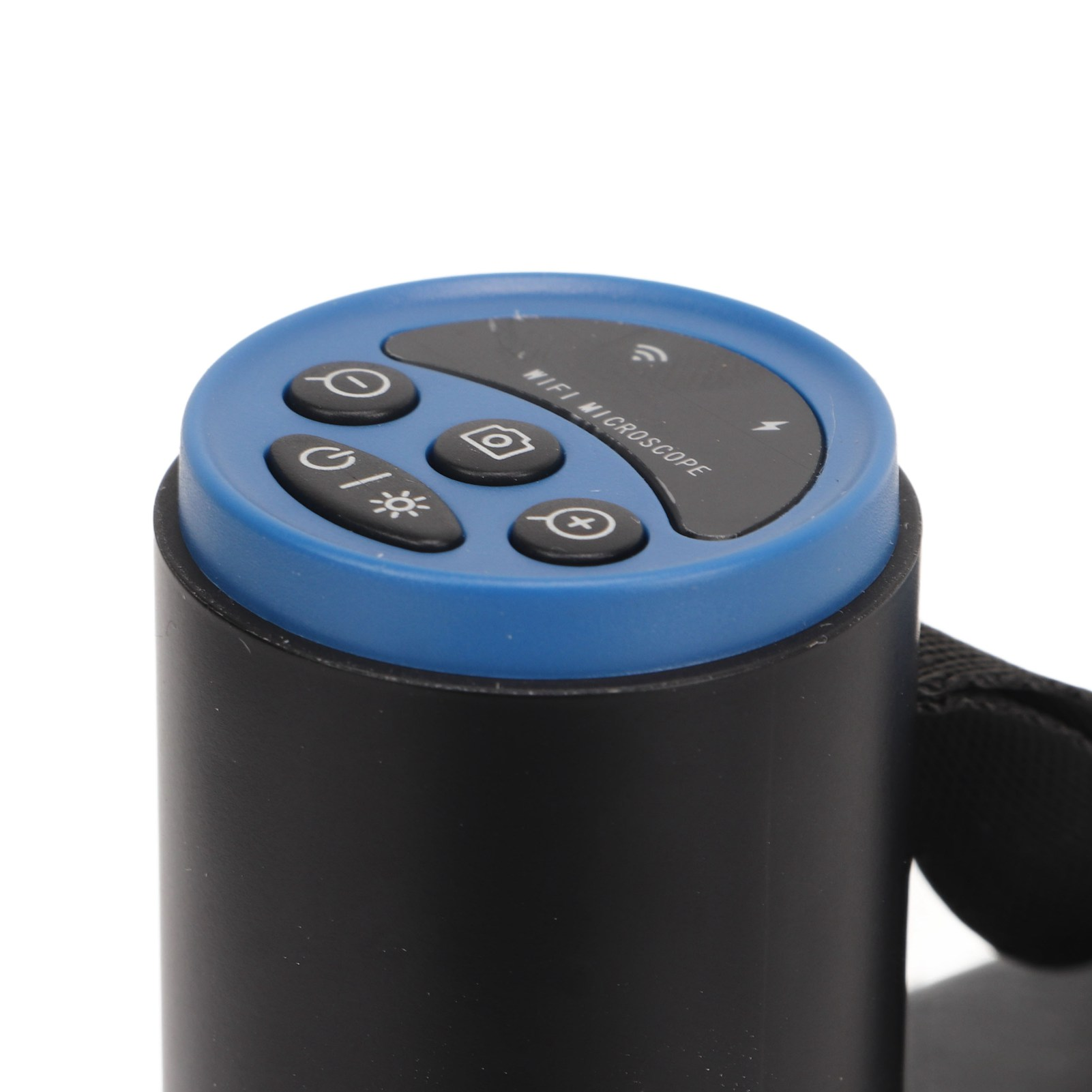 Ein schwarzes und blaues Mikroskop-Bedienfeld mit Tasten: Zoom, Ein/Aus, Kamera und Einstellungen, sowie 'WIFI MICROSCOPE'.