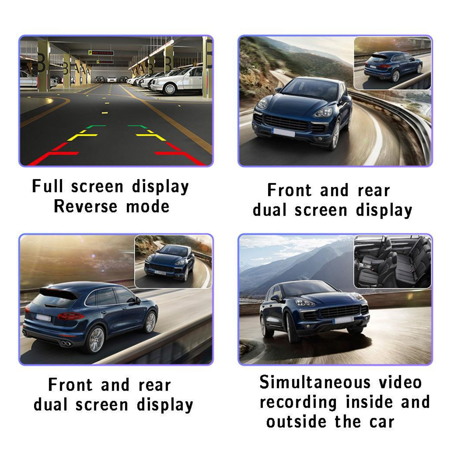 Das Bild zeigt Autofunktionen: Parkassistent, Dual-Screen-Anzeige vorne/hinten und gleichzeitige Videoaufzeichnung innen und außen.