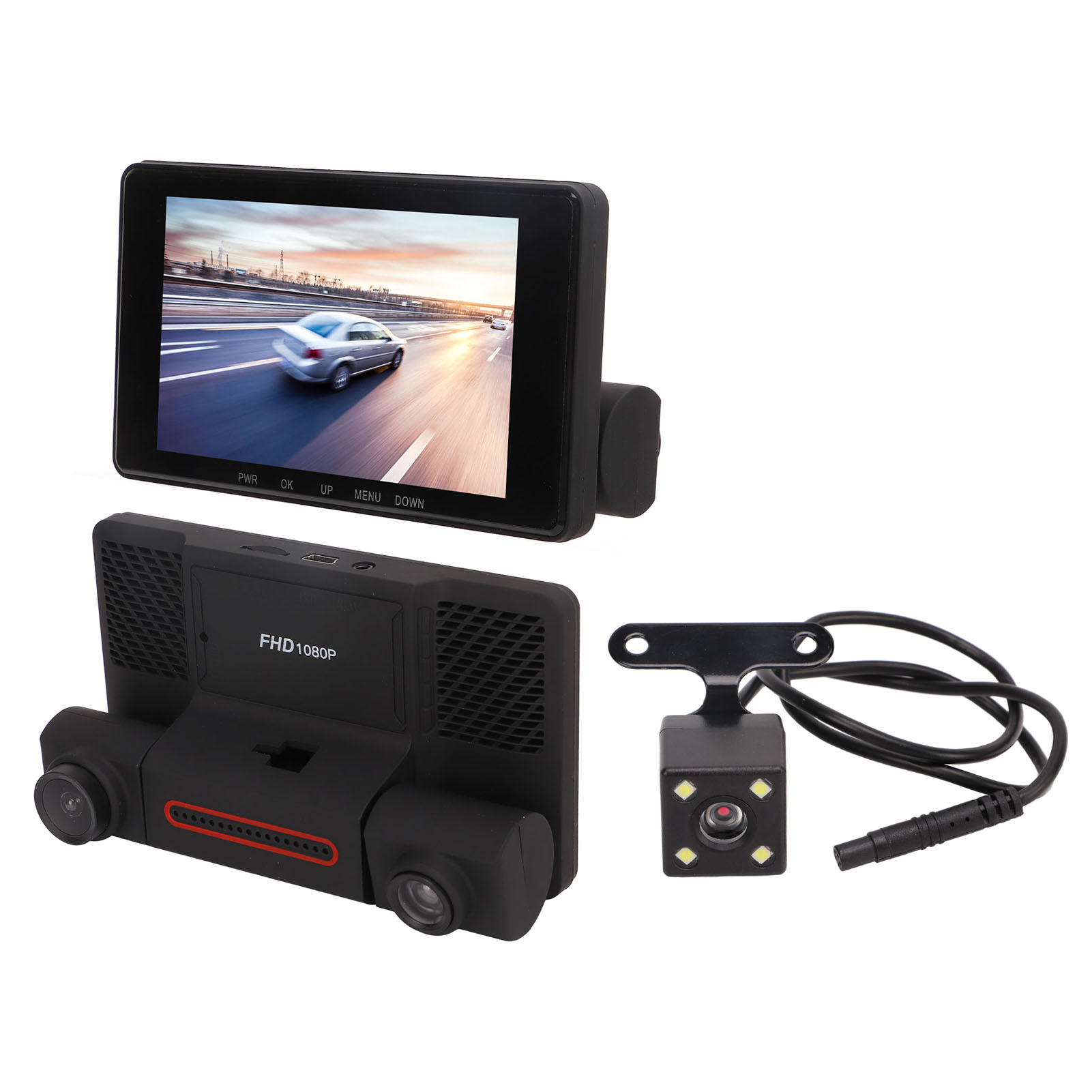 Ein Auto-Dashcam-Set. Das Hauptgerät hat einen Bildschirm, der ein Auto auf einer Straße zeigt. Enthält eine Rückfahrkamera.