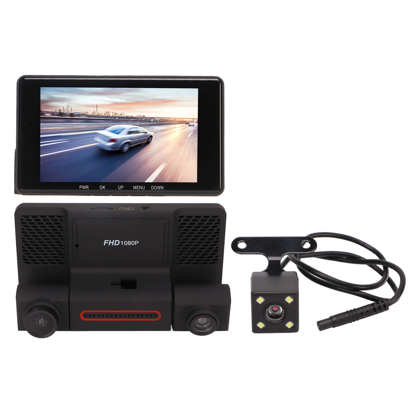 Ein Auto-Dashcam mit einem Bildschirm, der ein Auto auf einer Straße anzeigt. Enthält auch eine Rückfahrkamera und andere Komponenten.