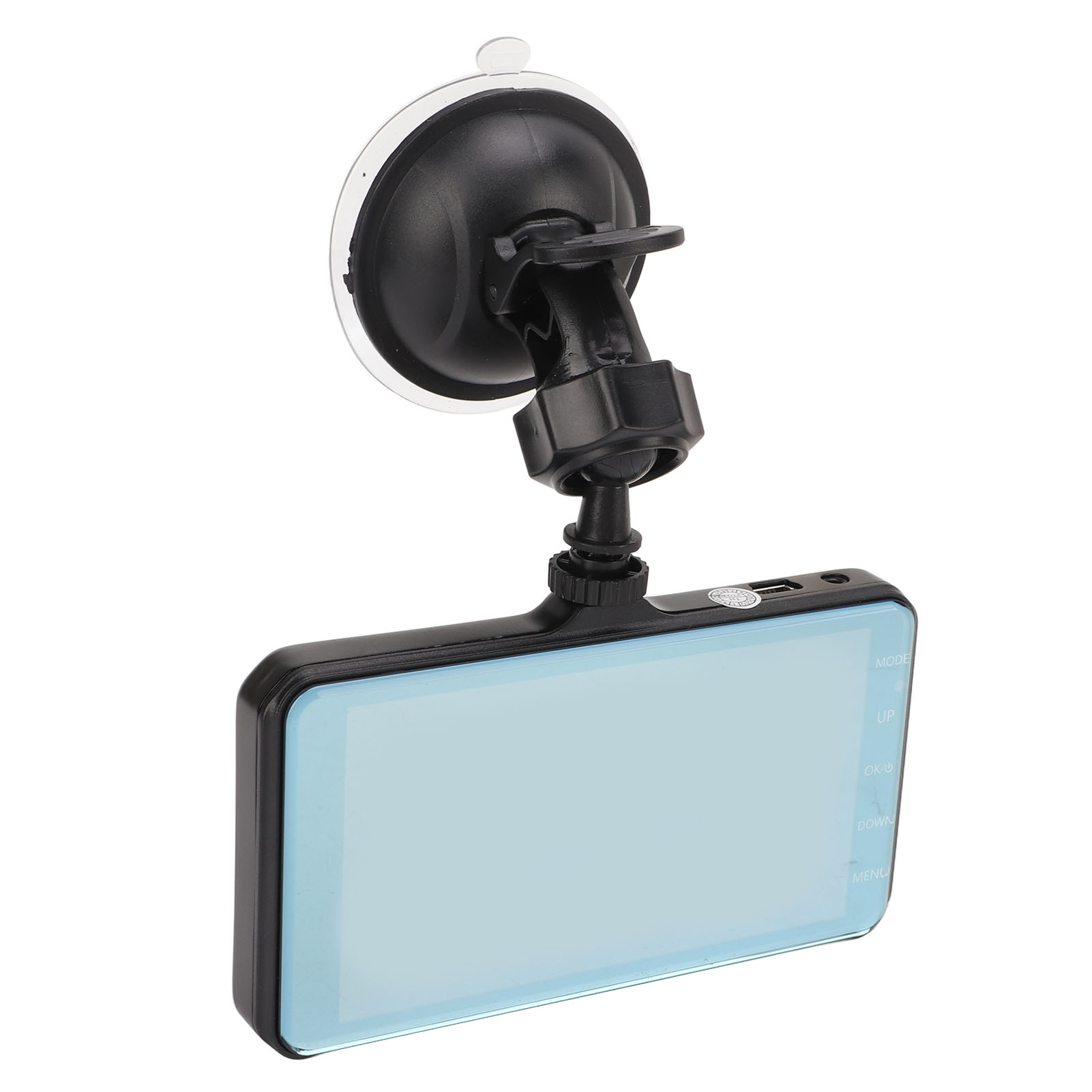 Eine Auto-Dashcam mit blauem Bildschirm, schwarzem Rahmen und Saugnapfhalterung. Tasten sind an der Seite sichtbar.