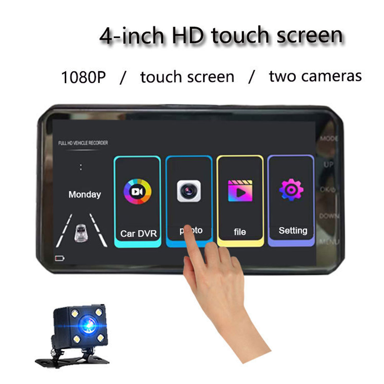 Ein Touchscreen-Auto-DVR. Eine Hand berührt das Fotosymbol. Enthält Car DVR, Foto, Datei und Einstellungen.
