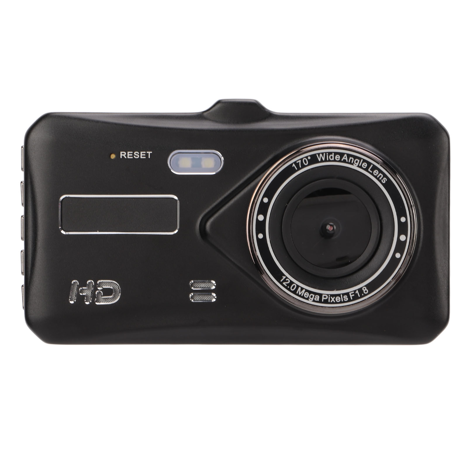 Eine schwarze Dashcam mit Objektiv, Reset-Taste und HD-Logo. Sie hat ein 170-Grad-Weitwinkelobjektiv.