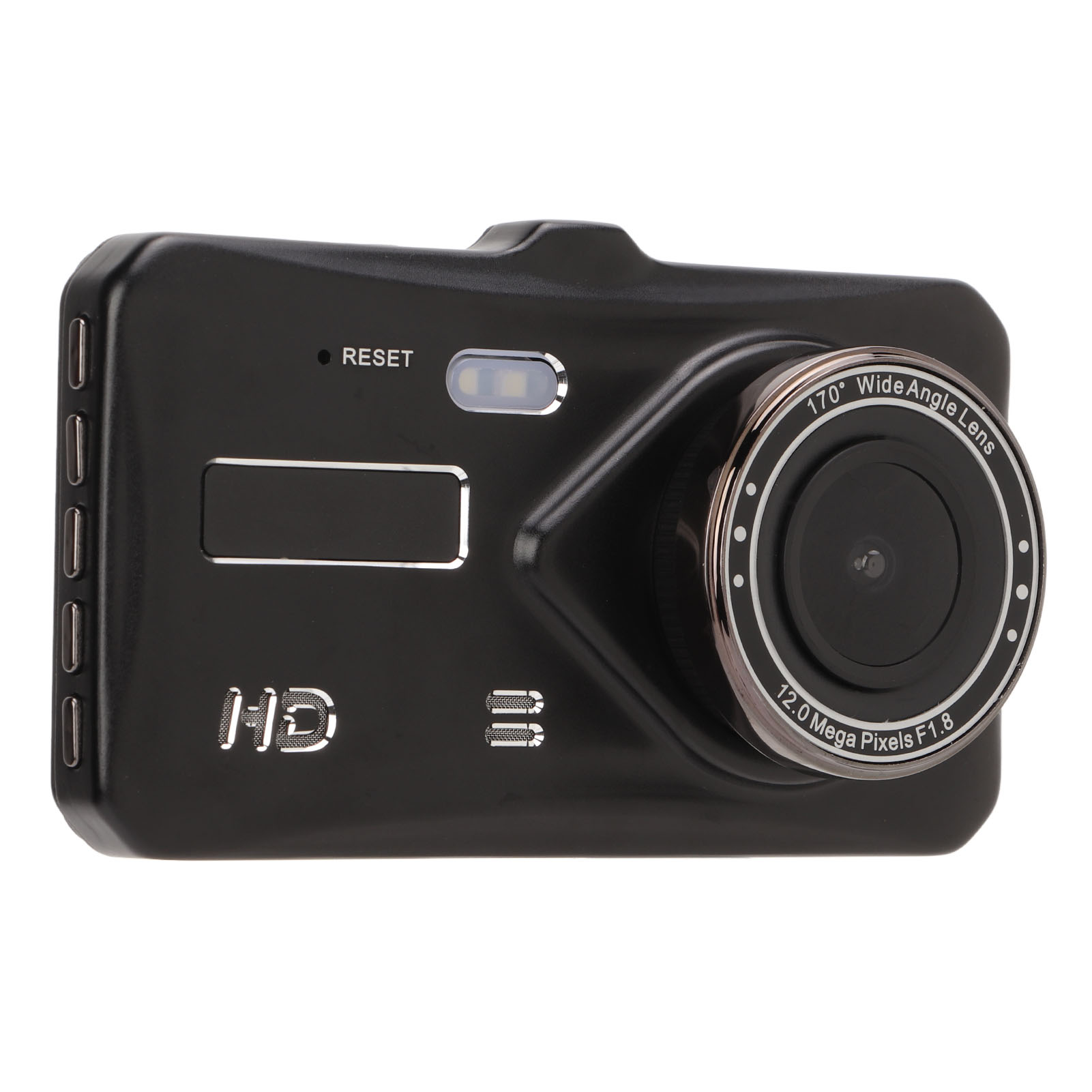 Schwarze Dashcam mit Weitwinkelobjektiv, Reset-Taste und HD-Logo. Es hat eine 12,0-Megapixel-Kamera.