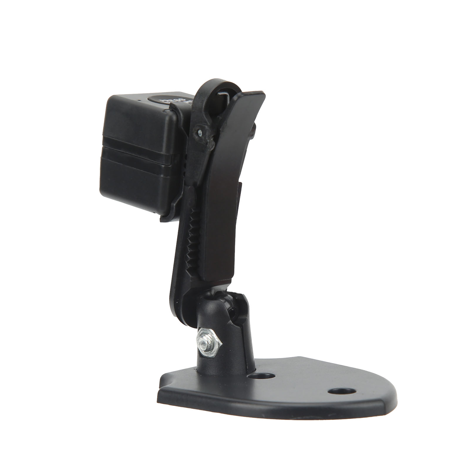 Eine schwarze Mini-Kamera mit Clip und Ständer. Sie befindet sich auf weißem Hintergrund.