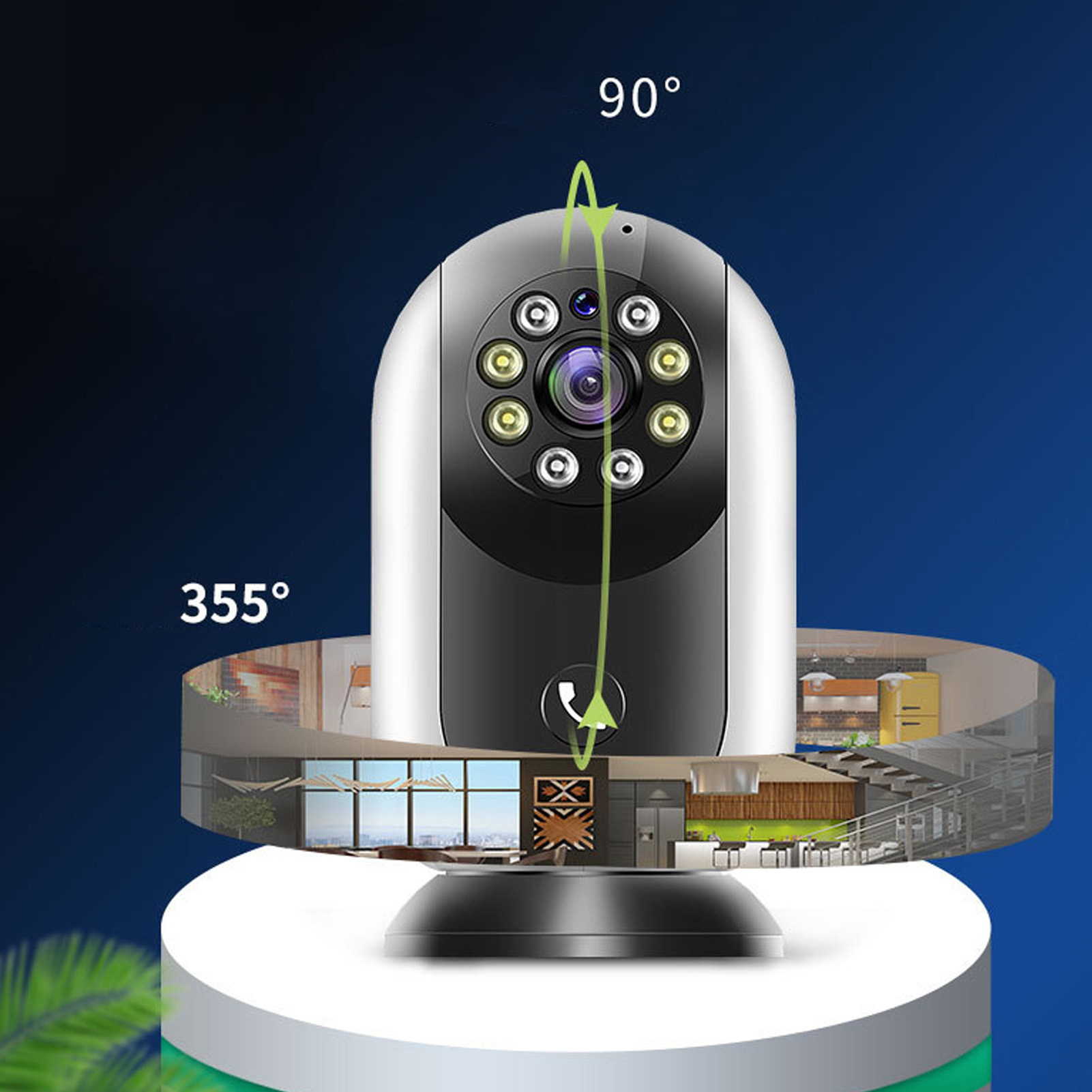 Eine Überwachungskamera mit einer 360-Grad-Ansicht. Die Kamera ist schwarz und weiß. Sie zeigt ein Hausinterieur.
