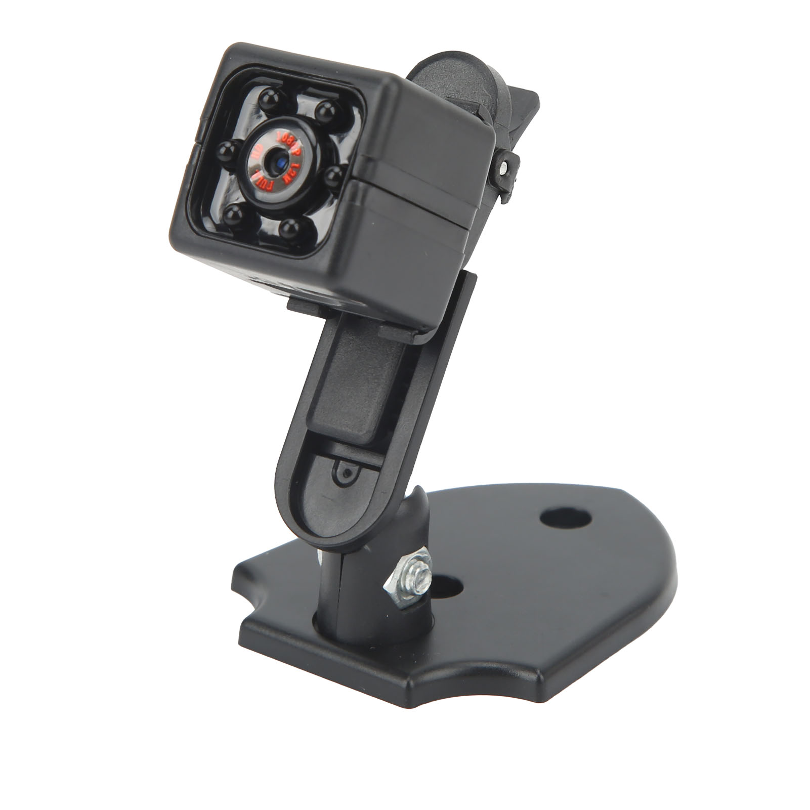 Eine kleine schwarze Kamera auf einem Ständer. Die Kamera hat ein Objektiv und LED-Leuchten.