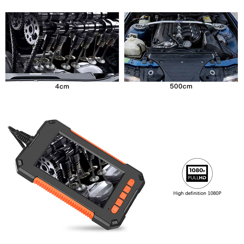 Eine Motorinspektionskamera zeigt die inneren Komponenten eines Motors, neben zwei Motorfotos und einem 1080p Full HD-Symbol.