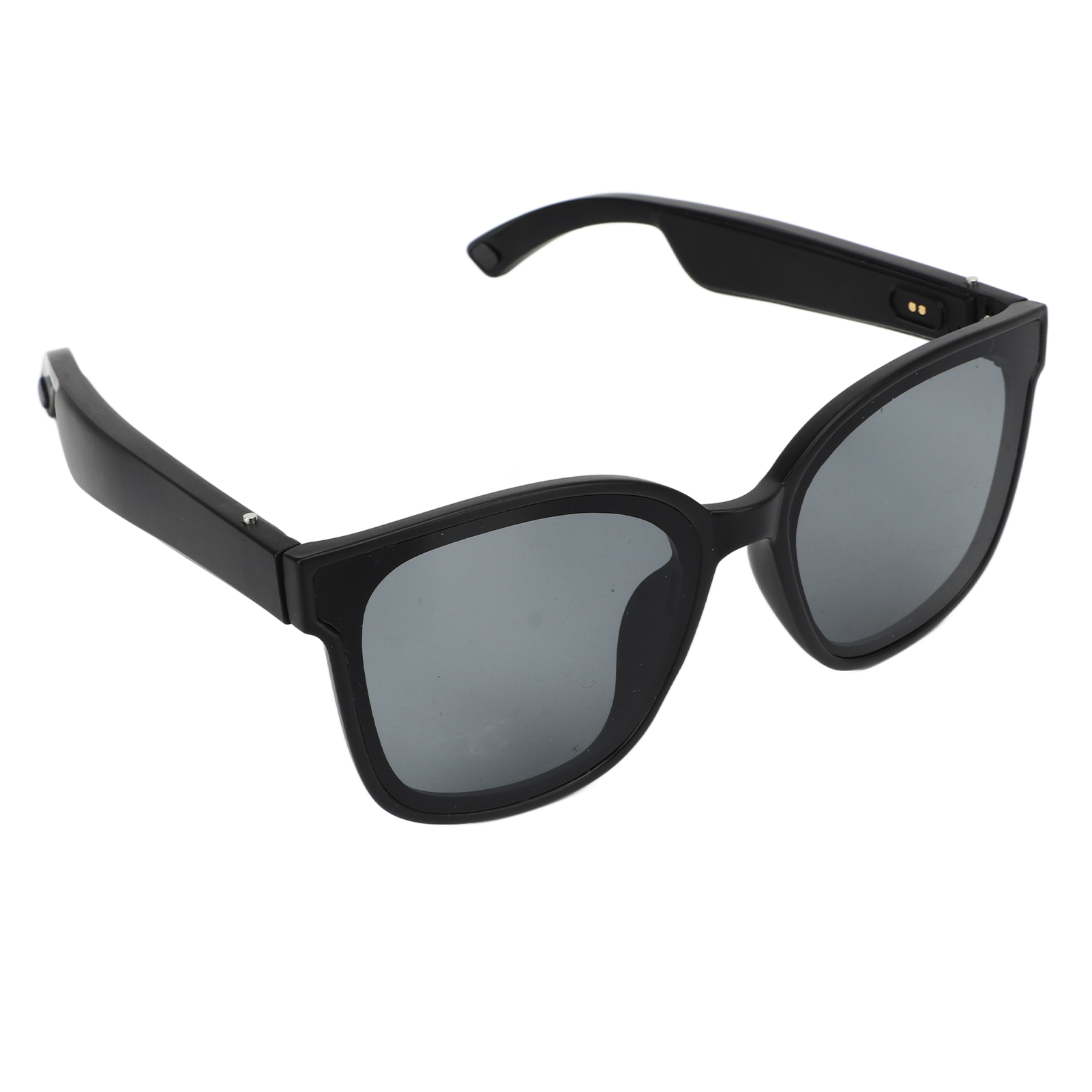Schwarze Sonnenbrille mit grauen Gläsern, modernes Design. Sie stehen vor einem schlichten weißen Hintergrund.