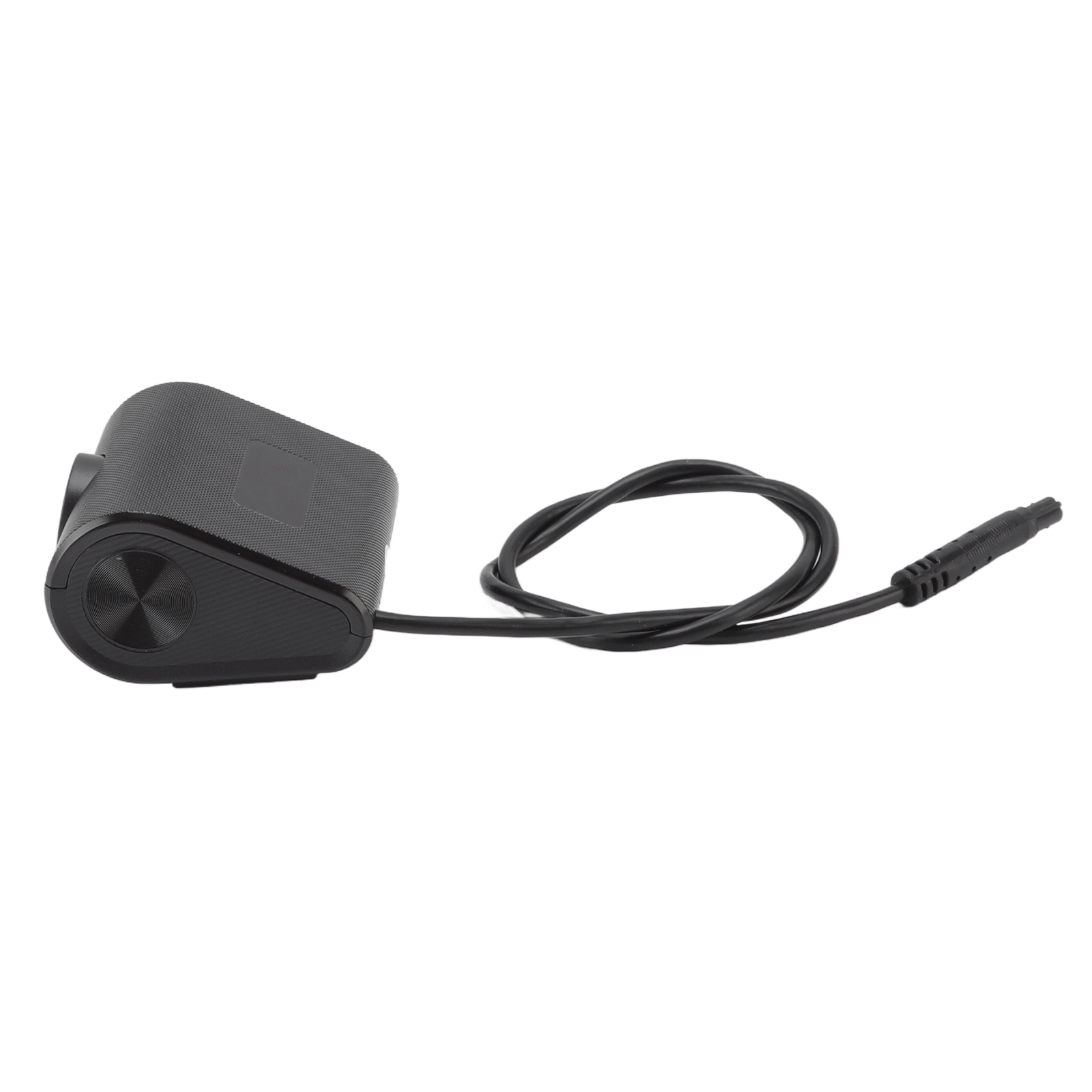 Schwarzes Gerät mit Kabel, liegt auf weißer Oberfläche. Das Gerät ist zylindrisch und hat einen Stecker.