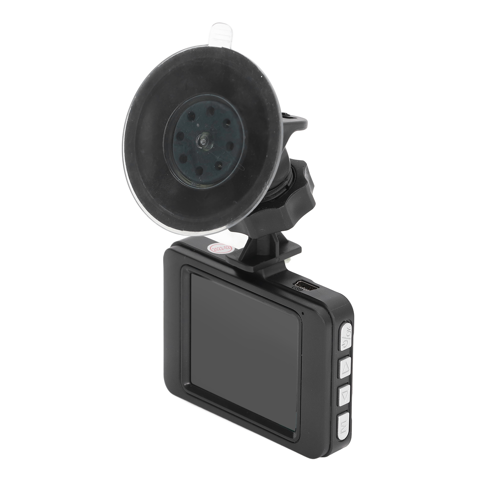 Eine schwarze Dashcam mit Saugnapfhalterung. Es hat einen Bildschirm und Knöpfe. Der Hintergrund ist weiß.