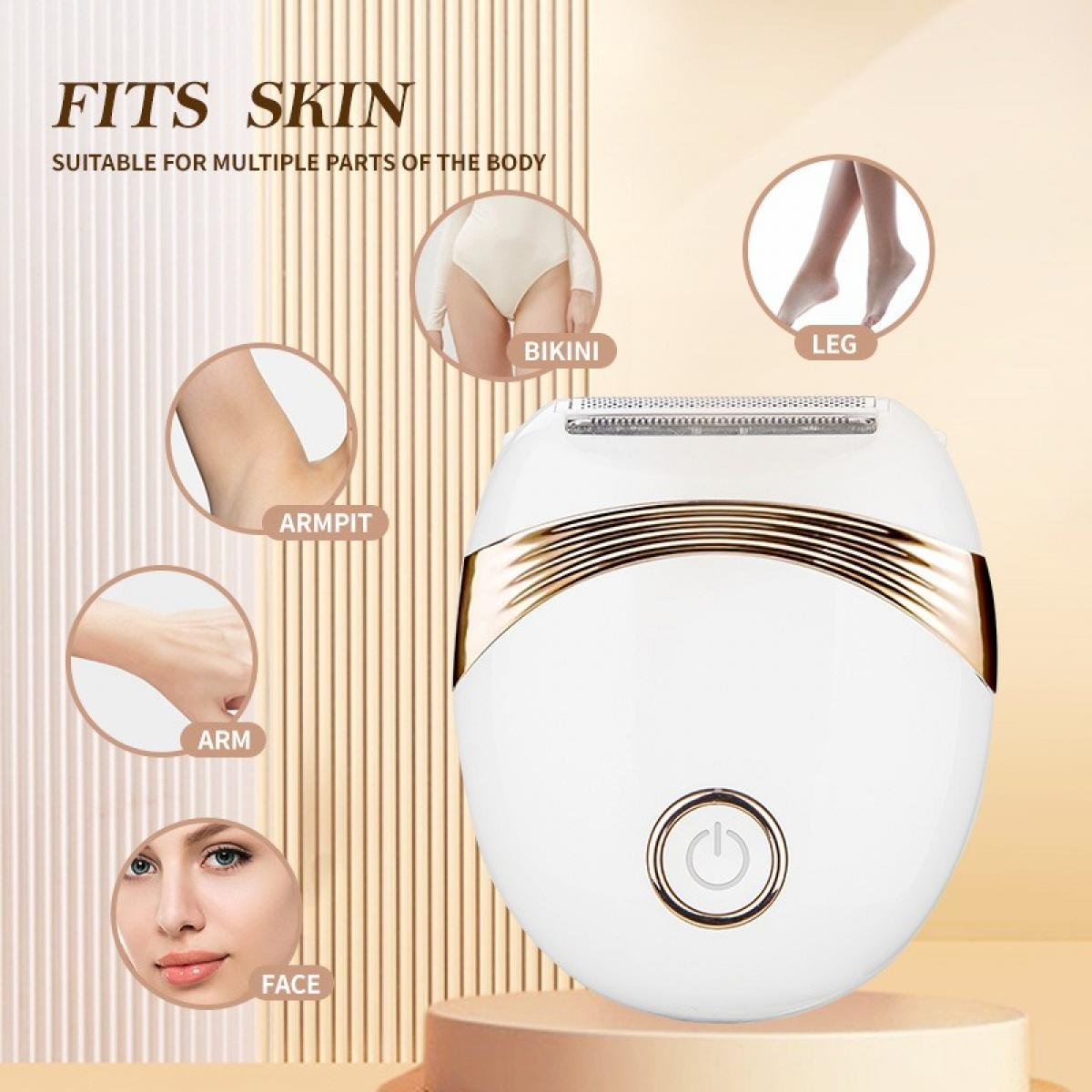Weißer und goldener Elektrorasierer mit Abbildungen von Körperteilen: Bikini, Bein, Achselhöhle, Arm und Gesicht. Text: 'Fits Skin'.