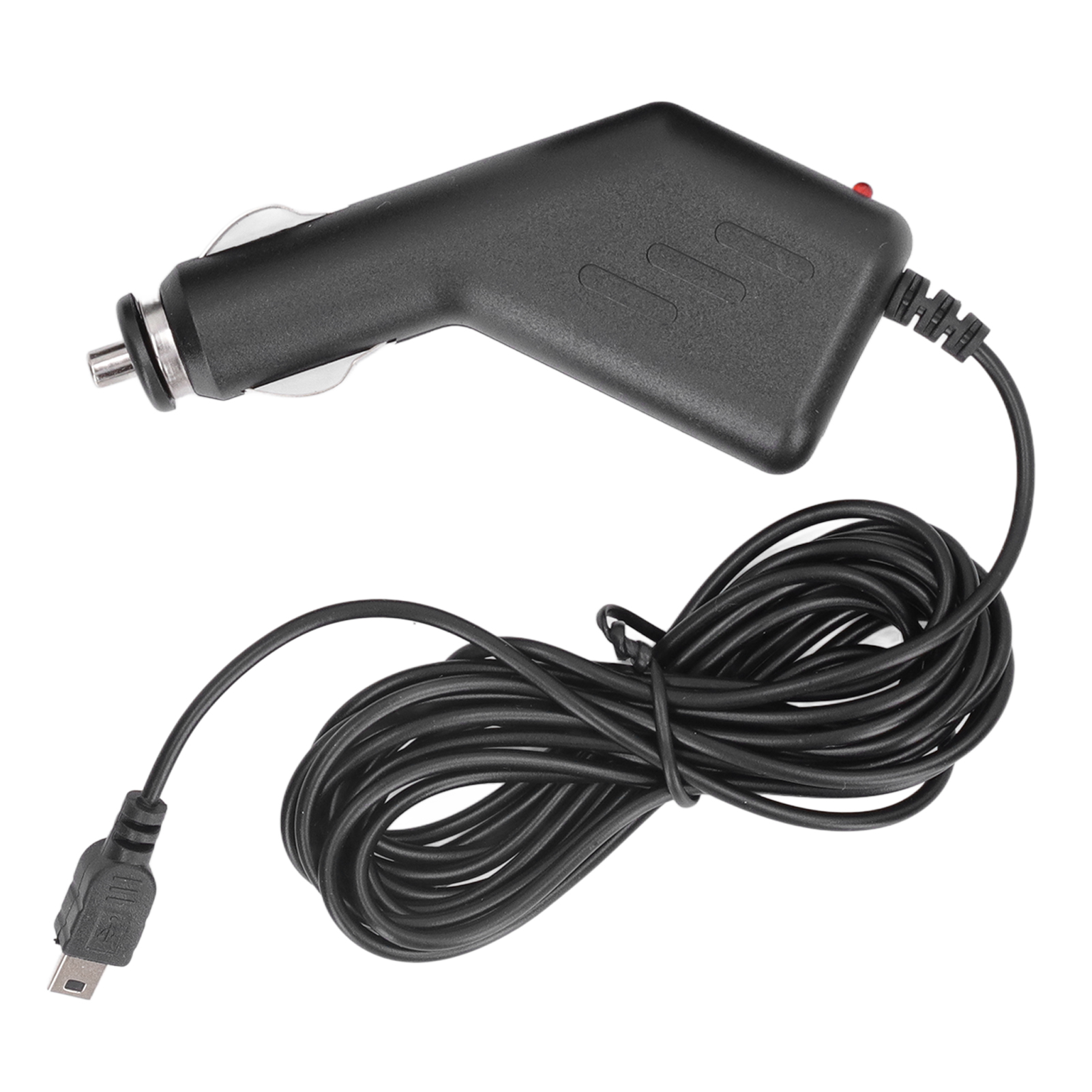 Ein schwarzes Autoladegerät mit einem aufgerollten schwarzen Kabel und einem kleinen USB-Anschluss auf weißem Hintergrund.