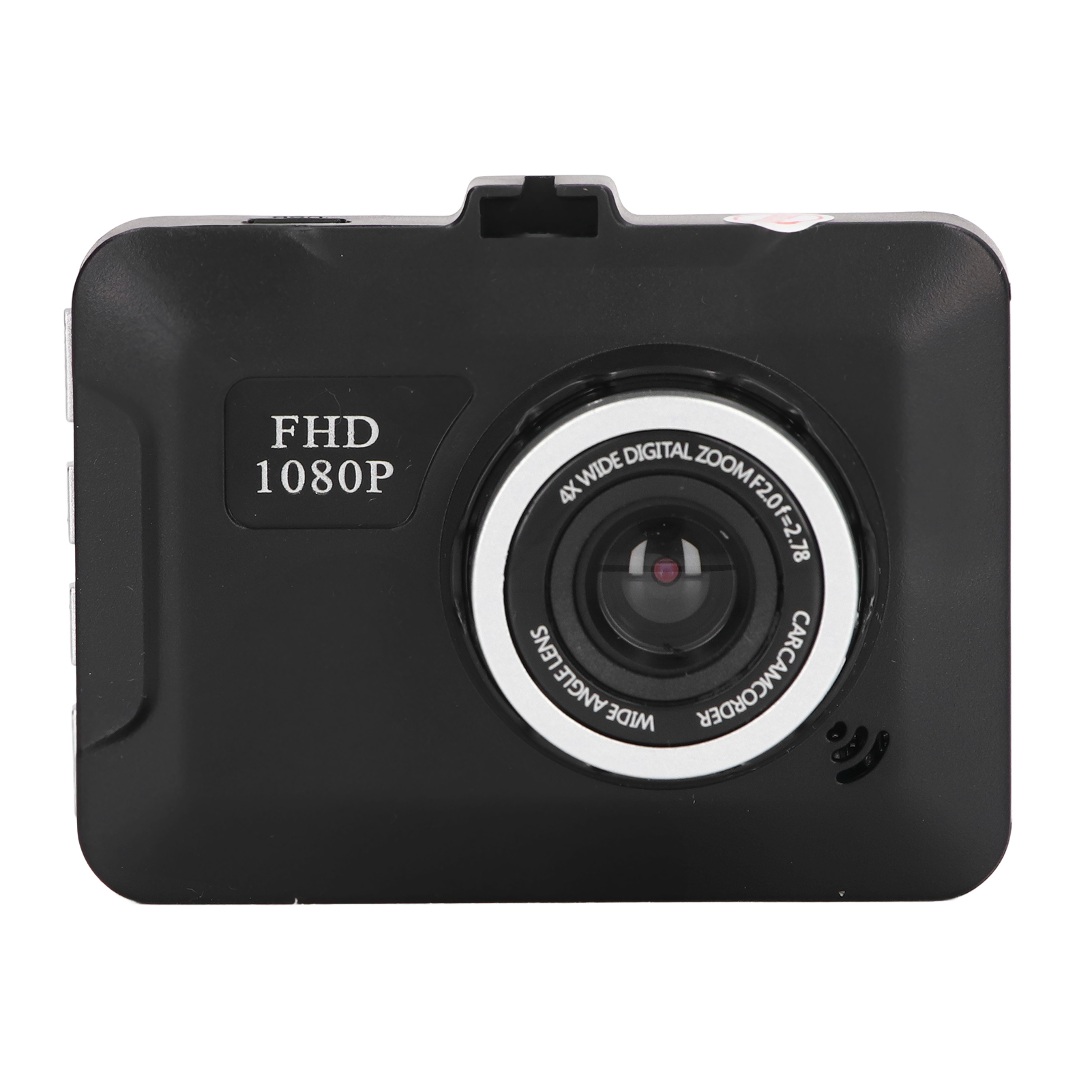 Eine schwarze Dashcam. Sie hat ein Objektiv mit der Aufschrift "4X WIDE DIGITAL ZOOM" und "WIDE ANGLE LENS". Es steht "FHD 1080P".