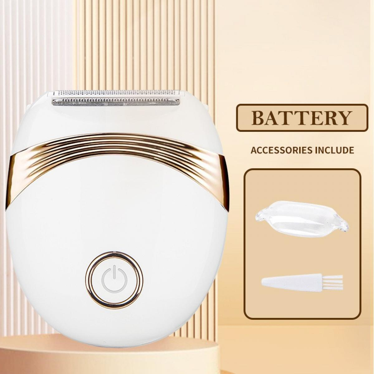 Ein weißer und goldener Elektrorasierer mit Zubehör. Enthält eine Reinigungsbürste und eine Abdeckung. Der Hintergrund ist beige.