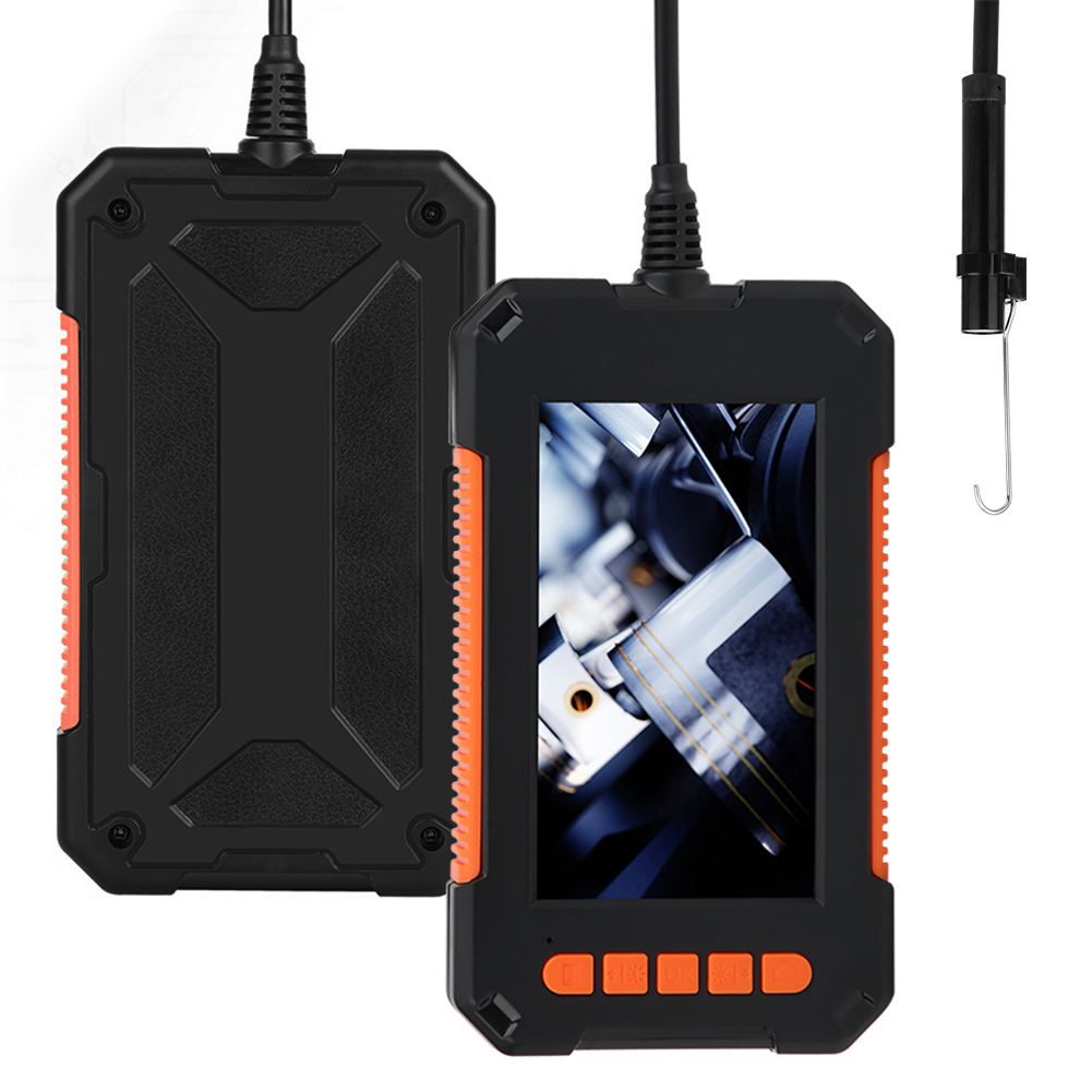 Zwei schwarze Inspektionskameras mit orangefarbenen Akzenten. Eine zeigt eine Motoransicht, die andere ist eine feste Platte. Sonde mit Haken.