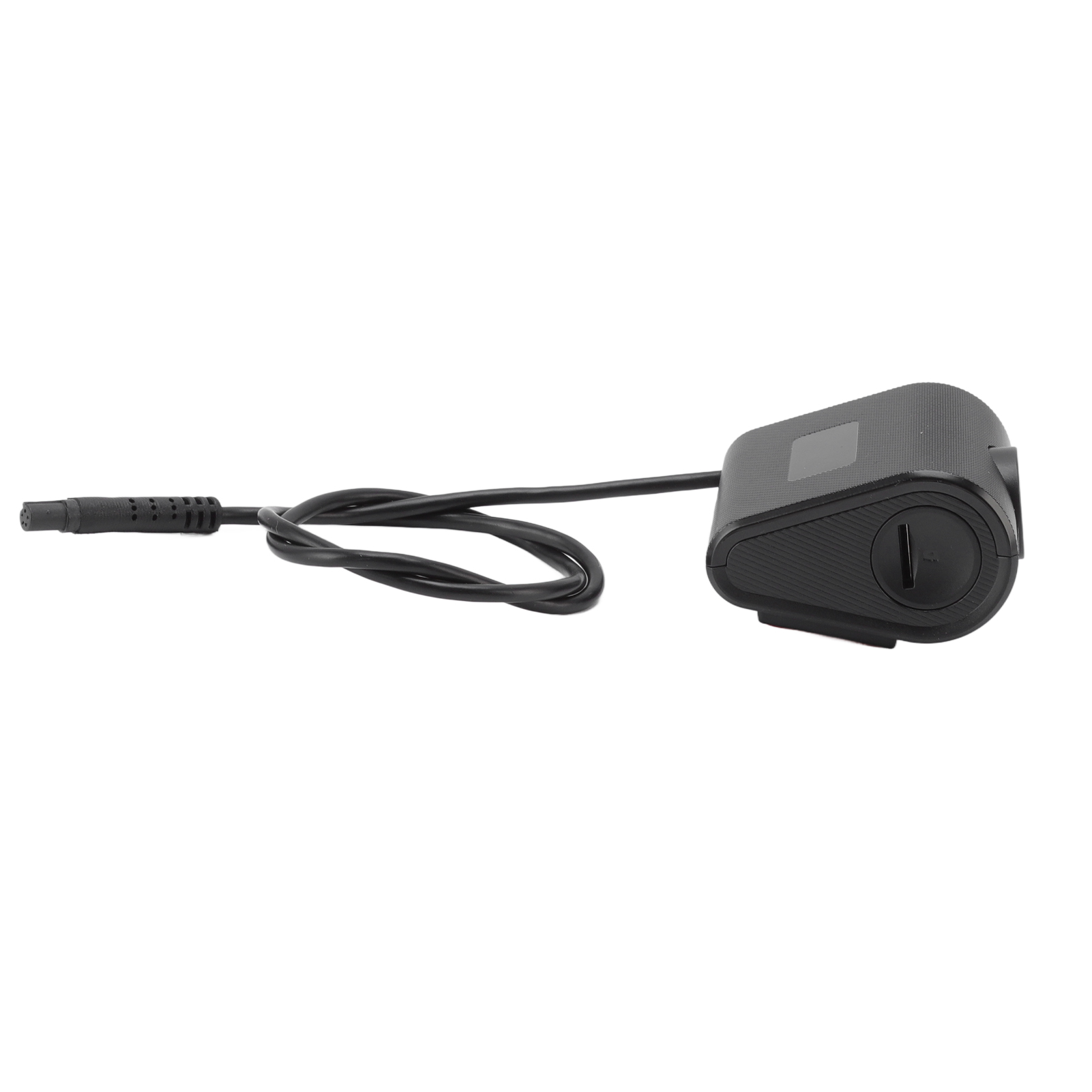 Ein schwarzes Gerät mit Kabel. Es hat einen rechteckigen Körper und eine runde Öffnung. Das Kabel hat einen Stecker.