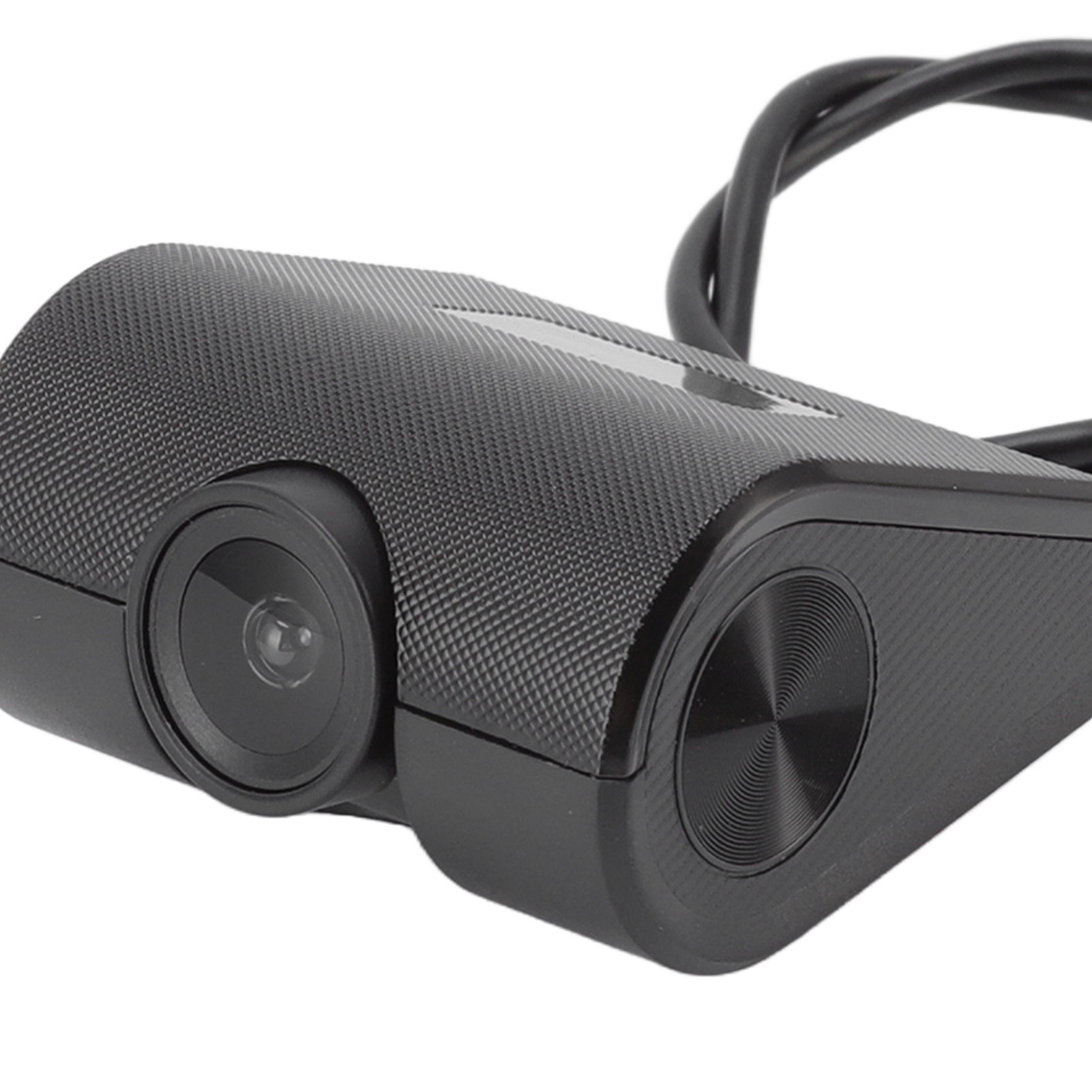 Eine schwarze Dashcam mit Objektiv, Knopf und strukturierter Oberfläche mit einem schwarzen Kabel.