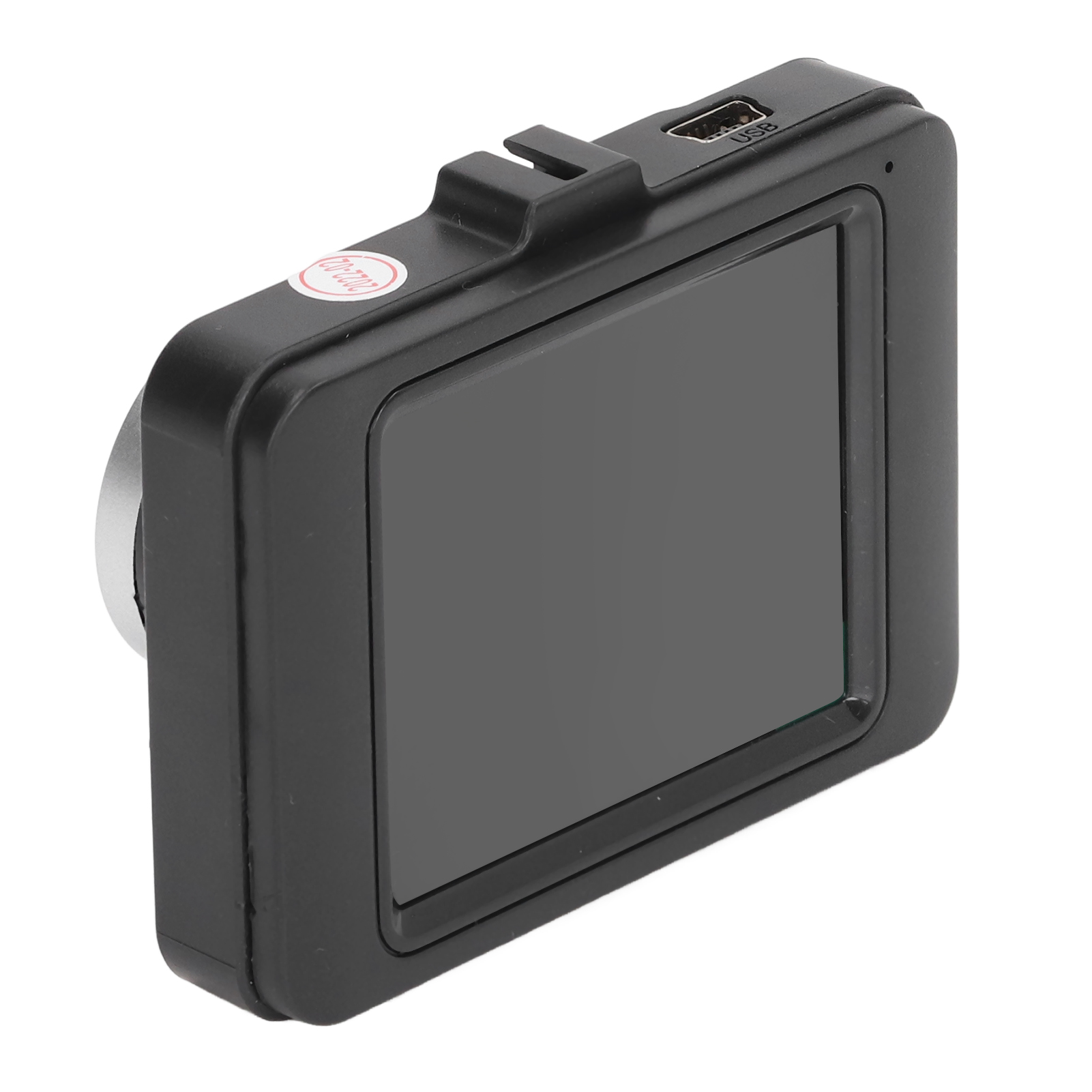 Schwarze Dashcam mit Bildschirm, USB-Anschluss und rotem Aufkleber. Der Bildschirm ist dunkel. Das Gerät steht auf weißem Untergrund.