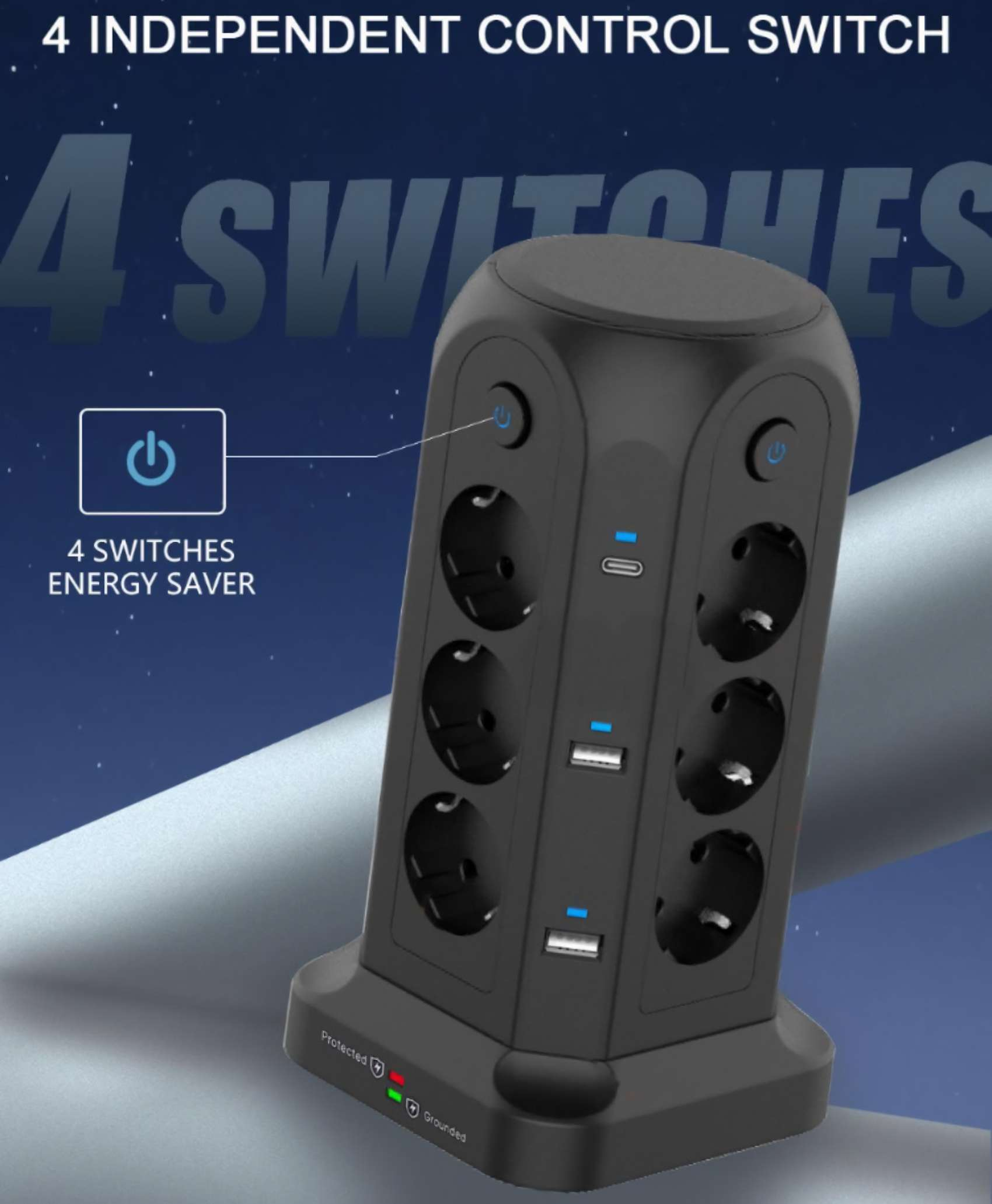 Schwarze Steckdosenleiste mit vier Steckdosen, USB- und USB-C-Anschlüssen. Mit Ein-/Aus-Taste und Kontrollleuchten. Der Hintergrund ist ein Farbverlauf.