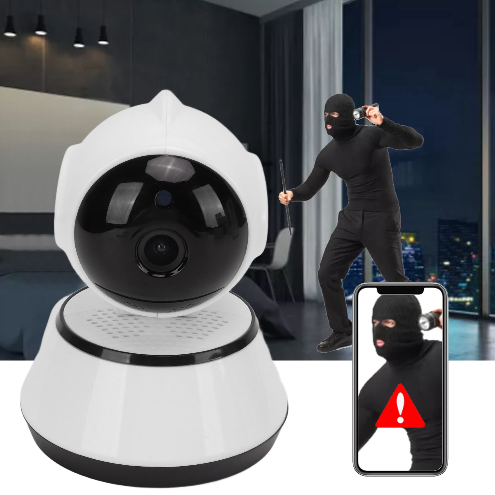 Eine Überwachungskamera mit Blick auf einen Einbrecher, der eine Taschenlampe und eine Stange hält. Ein Telefon zeigt den Einbrecher mit einem Alarm.