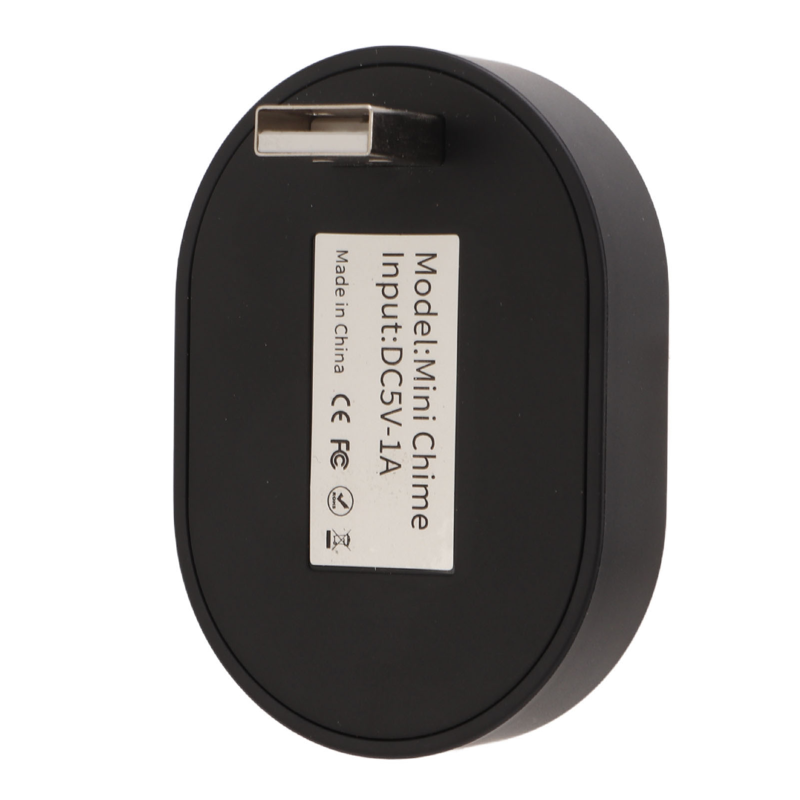 Schwarzes ovales Gerät mit USB-Stecker. Auf dem Etikett steht: Mini Chime, Input: DC5V-1A, Made in China. Weißer Hintergrund.