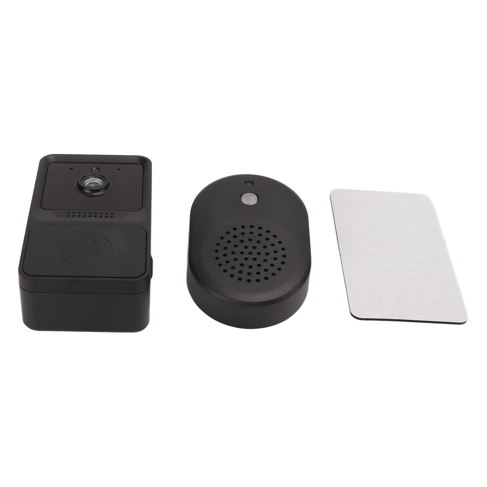 Schwarzes Türklingelset mit Kamera, Lautsprecher und Karte. Kamera hat ein Objektiv und Lautsprecher hat Löcher. Karte ist rechteckig.
