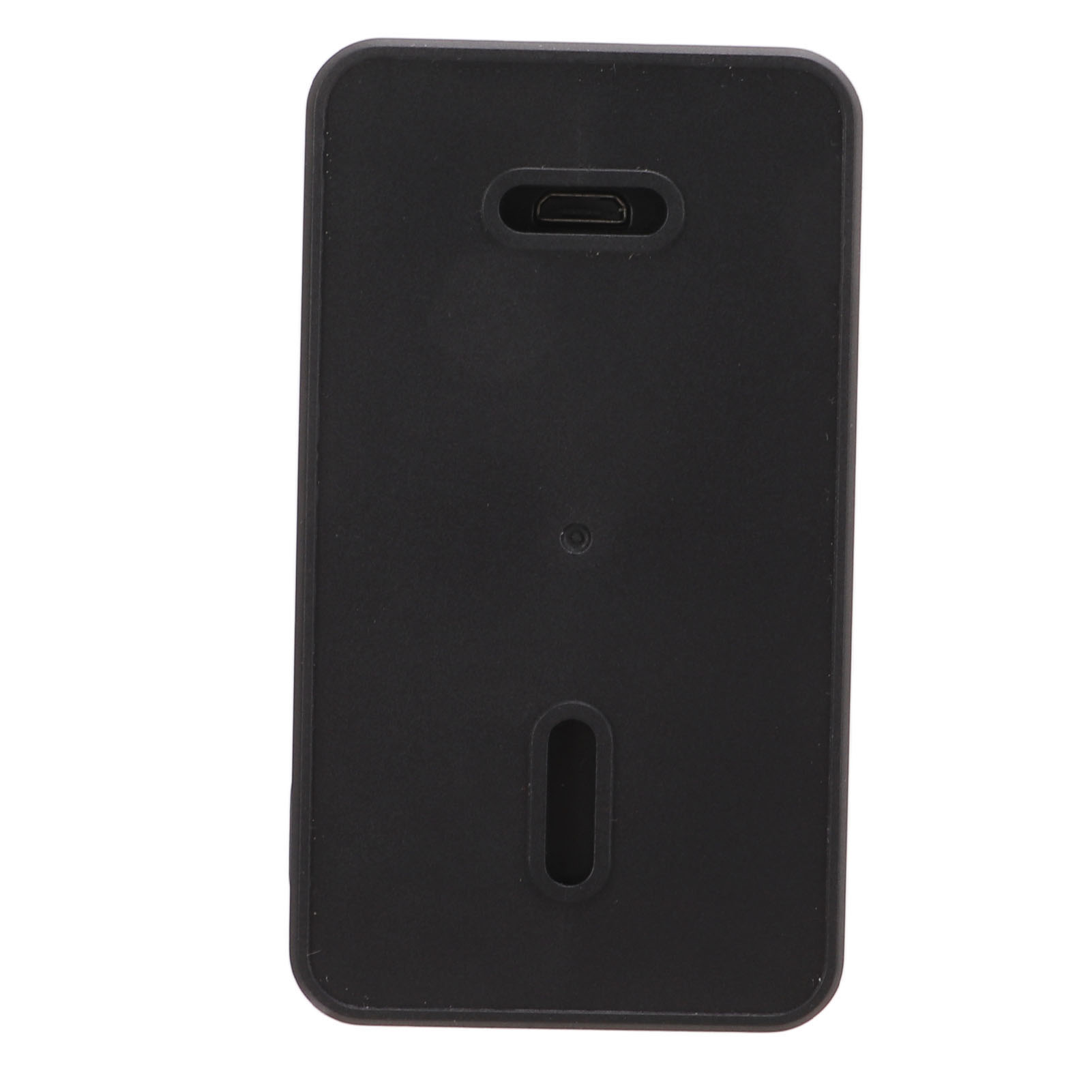 Ein schwarzes rechteckiges Gerät mit USB-Anschluss und zwei länglichen Öffnungen. Der Hintergrund ist weiß.