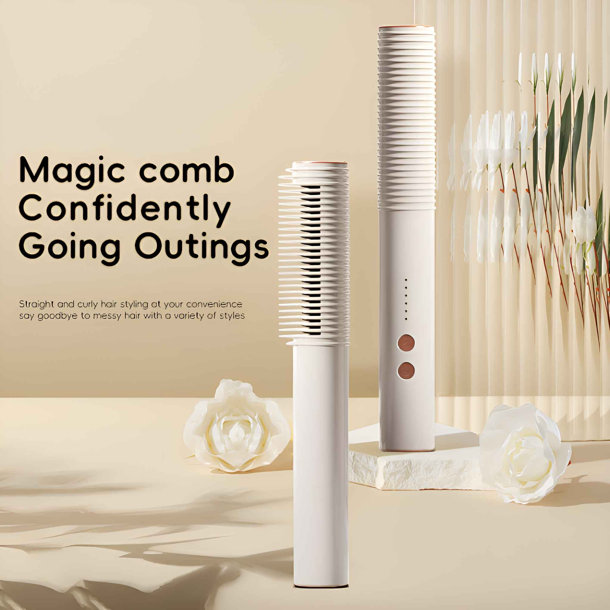 Zwei weiße Haarkämme mit Rosendekorationen. Der Text lautet 'Magic comb Confidently Going Outings'.