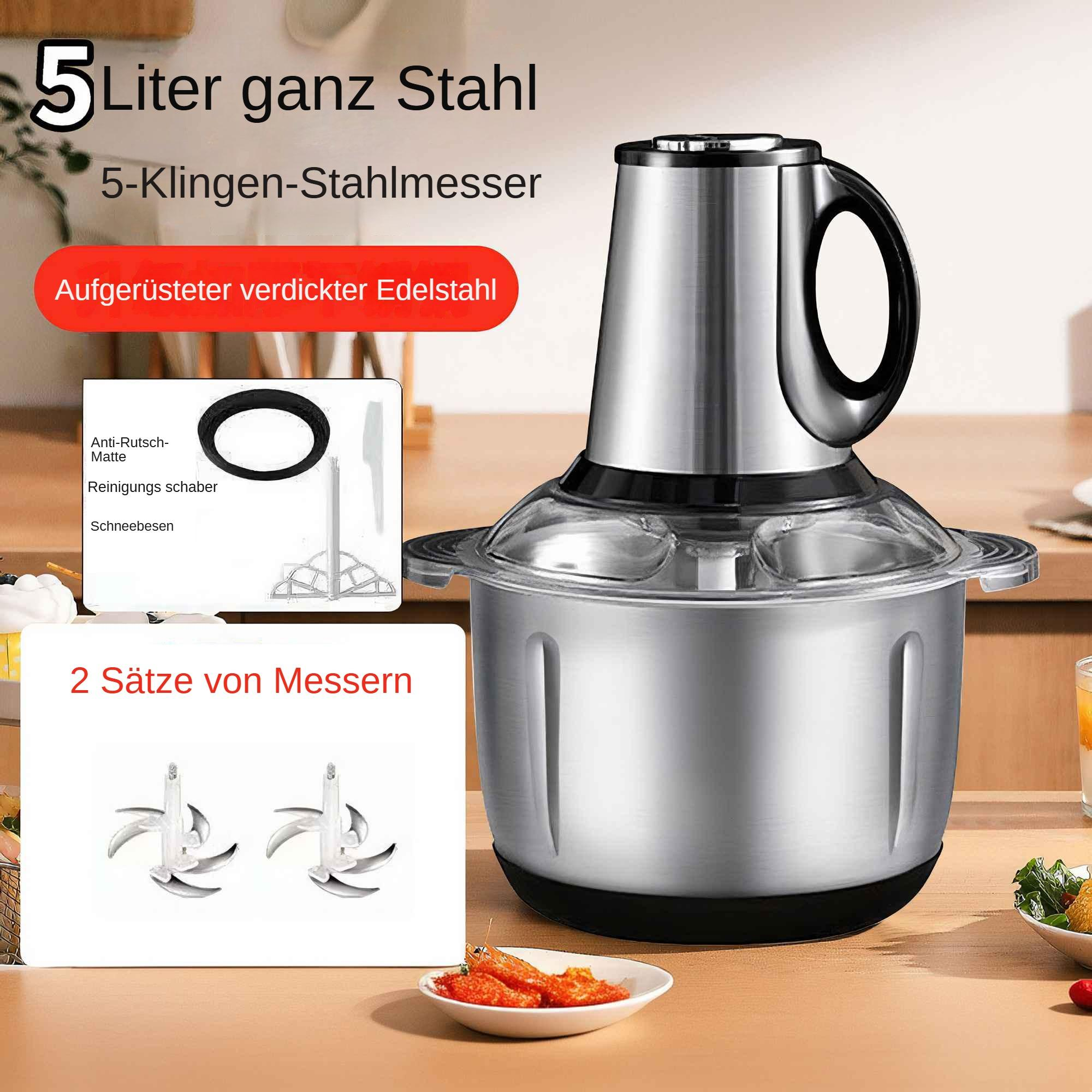 Ein Edelstahl-Foodprozessor mit Zubehör. Enthält Klingen, Reinigungswerkzeuge und eine Anti-Rutsch-Matte.