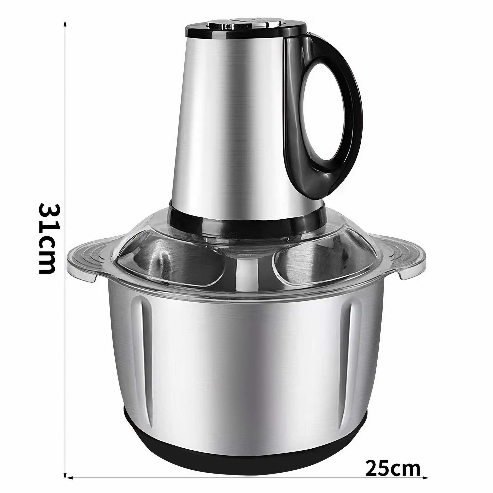 Ein silberner Foodprozessor mit schwarzem Griff. Die Abmessungen sind 31 cm x 25 cm.