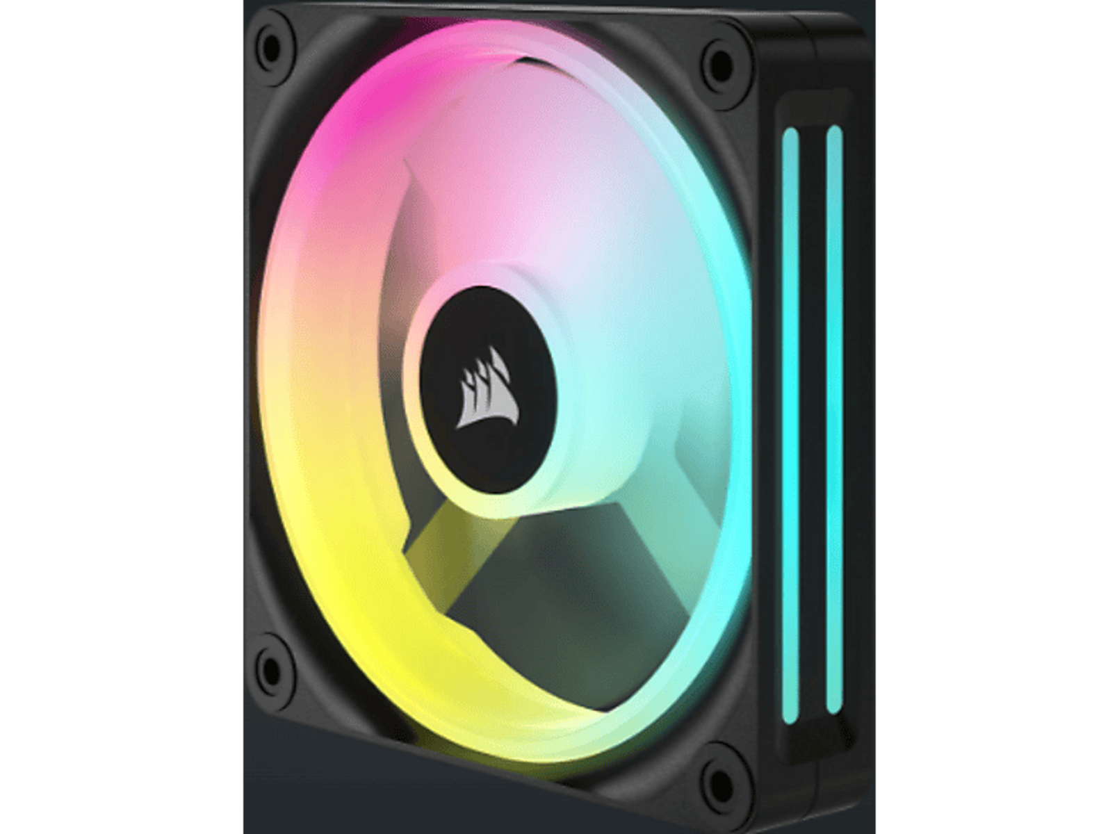 PC-Lüfter mit Regenbogenbeleuchtung. Corsair-Logo in der Mitte. Schwarzer Rahmen mit blauen Lichtstreifen.