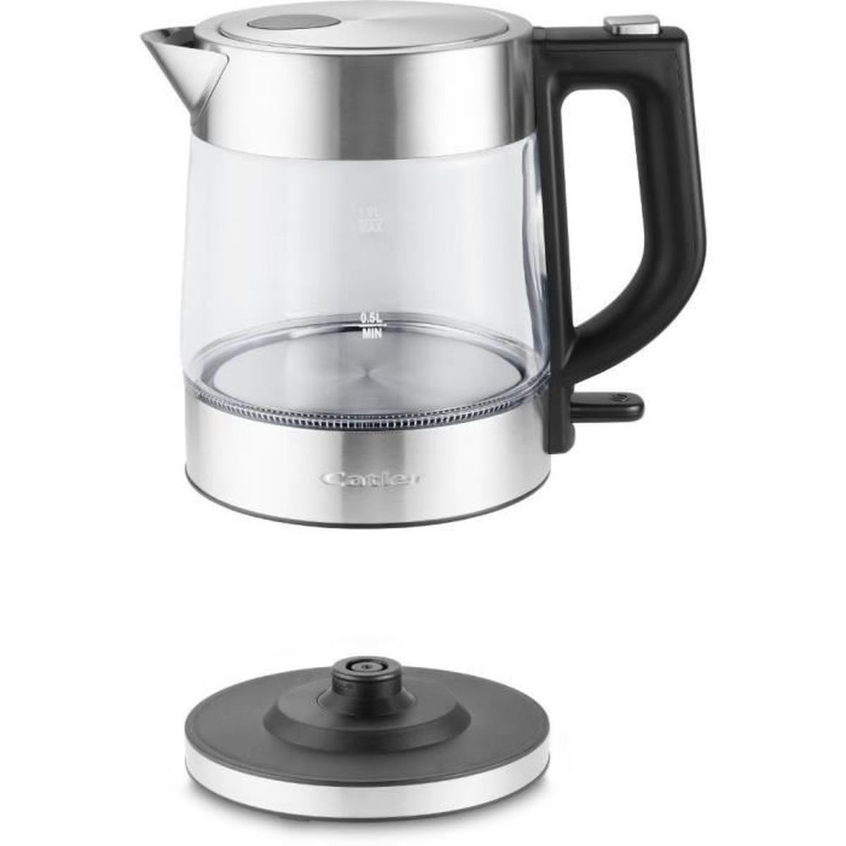 Ein Wasserkocher aus Edelstahl und Glas mit schwarzem Griff und separater Basis. Der Markenname 'Catler' ist sichtbar.