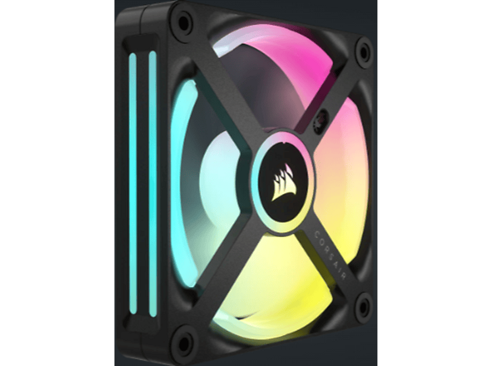 Ein Computerlüfter mit farbenfroher RGB-Beleuchtung. Schwarzer Rahmen mit Corsair-Logo in der Mitte.
