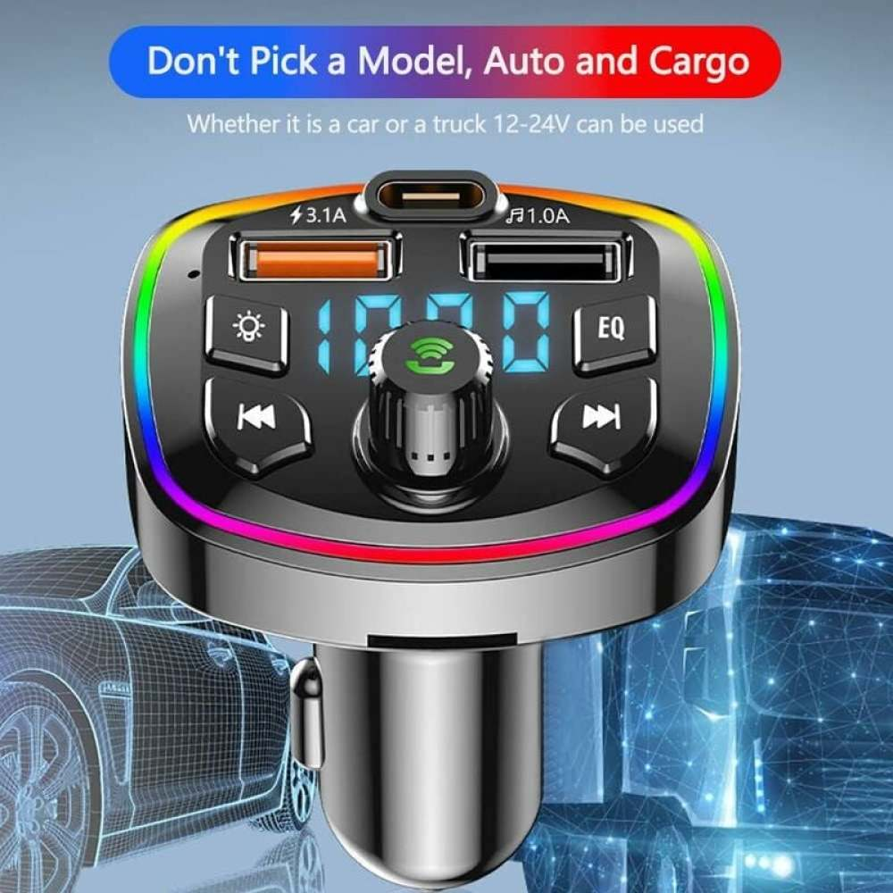 Autoladegerät mit mehreren USB-Anschlüssen, Display und Tasten. Enthält Text: Don't Pick a Model, Auto and Cargo.