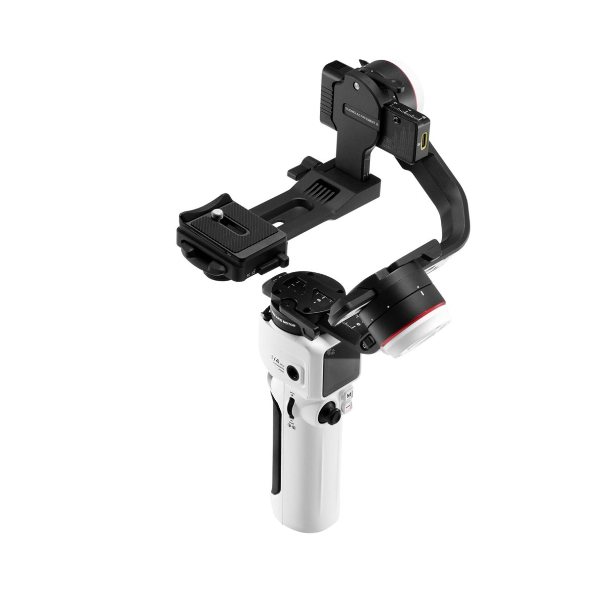 Ein weißer und schwarzer Gimbal-Stabilisator wird angezeigt. Er besteht aus mehreren Teilen, darunter ein Griff, ein Arm und eine Kamerahalterung.