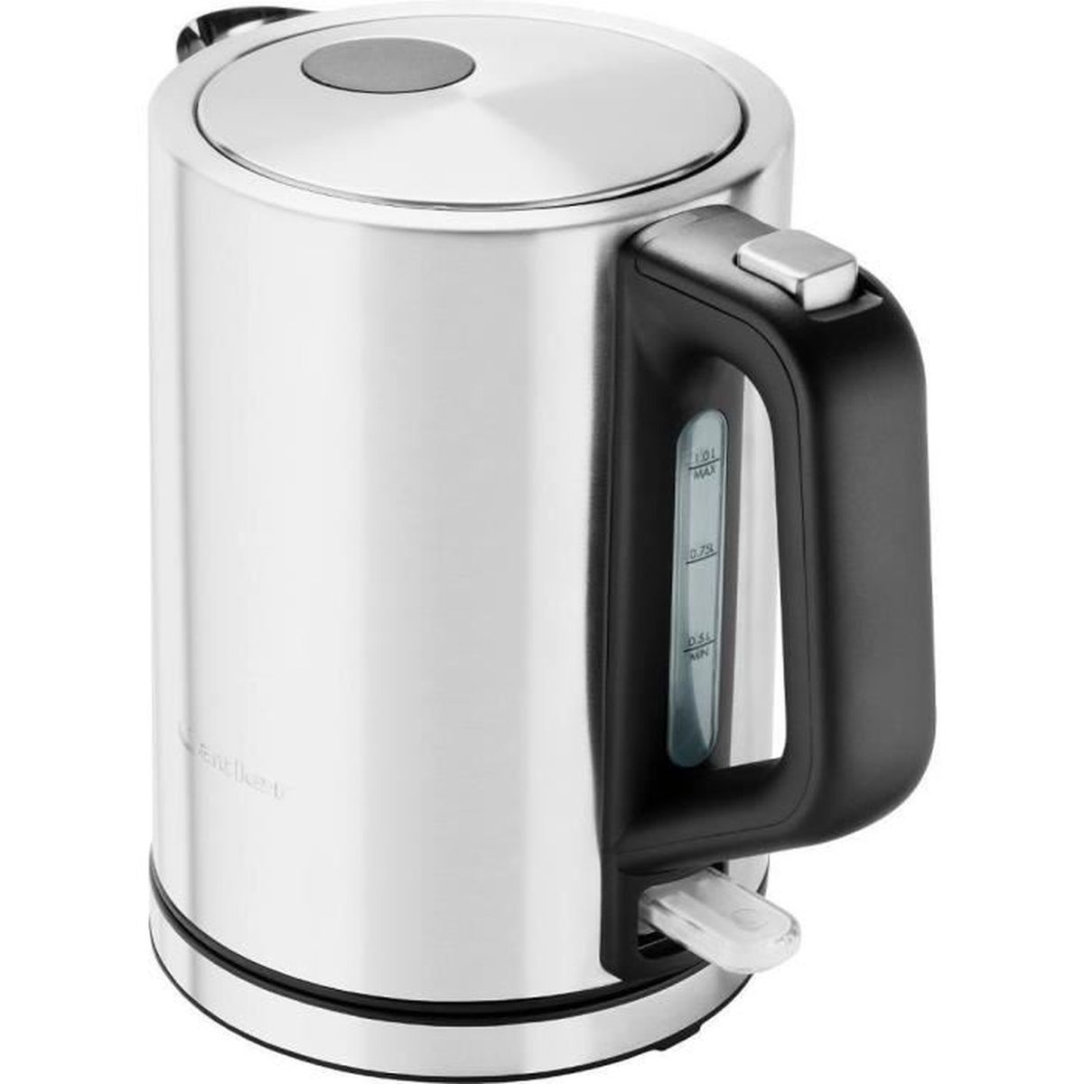 Ein elektrischer Wasserkocher aus Edelstahl mit schwarzem Griff. Er hat einen Deckel und eine klare Wasserstandsanzeige.