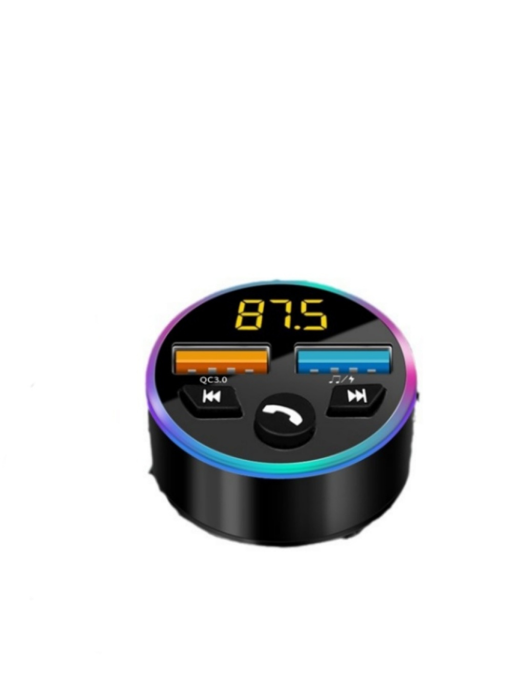 Ein schwarzer FM-Transmitter für Autos mit orangefarbenen und blauen USB-Anschlüssen, einem Bildschirm mit 87,5 und Steuertasten.