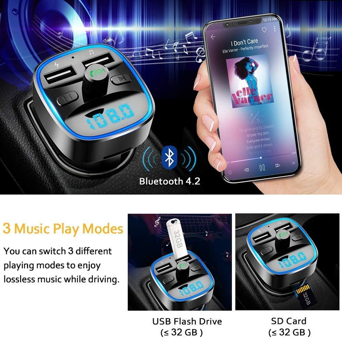 Ein Autoladegerät mit USB-Anschlüssen, ein Telefon, das eine Musik-App anzeigt, und Optionen für USB-Flash-Laufwerk und SD-Karte mit Bluetooth 4.2.