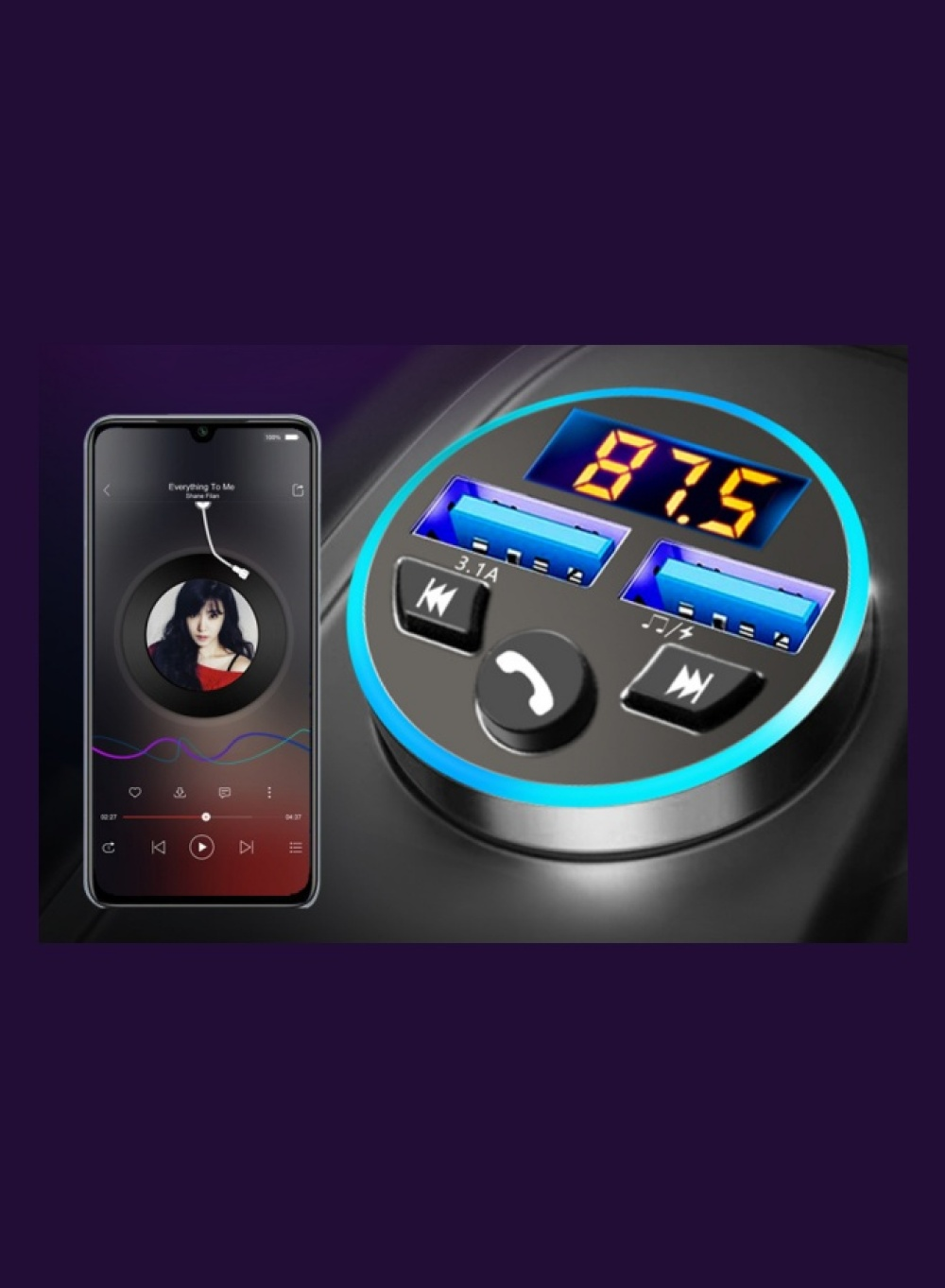 Ein Telefon zeigt eine Musik-App an. Ein Autoladegerät hat einen Bildschirm mit 87,5. Zu den Tasten gehören Überspringen, USB-Anschlüsse und ein Telefonsymbol.