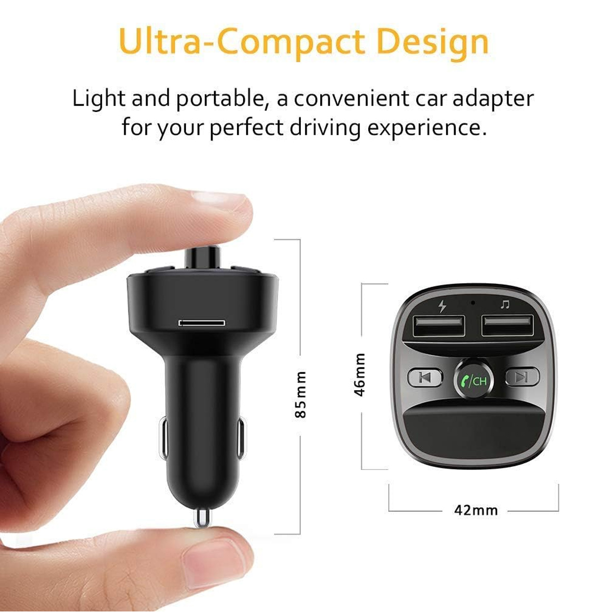 Schwarzer Autoadapter, gehalten von einer Hand, mit Abmessungen. Text: Ultra-Compact Design, leicht und tragbar, ein praktischer Adapter.